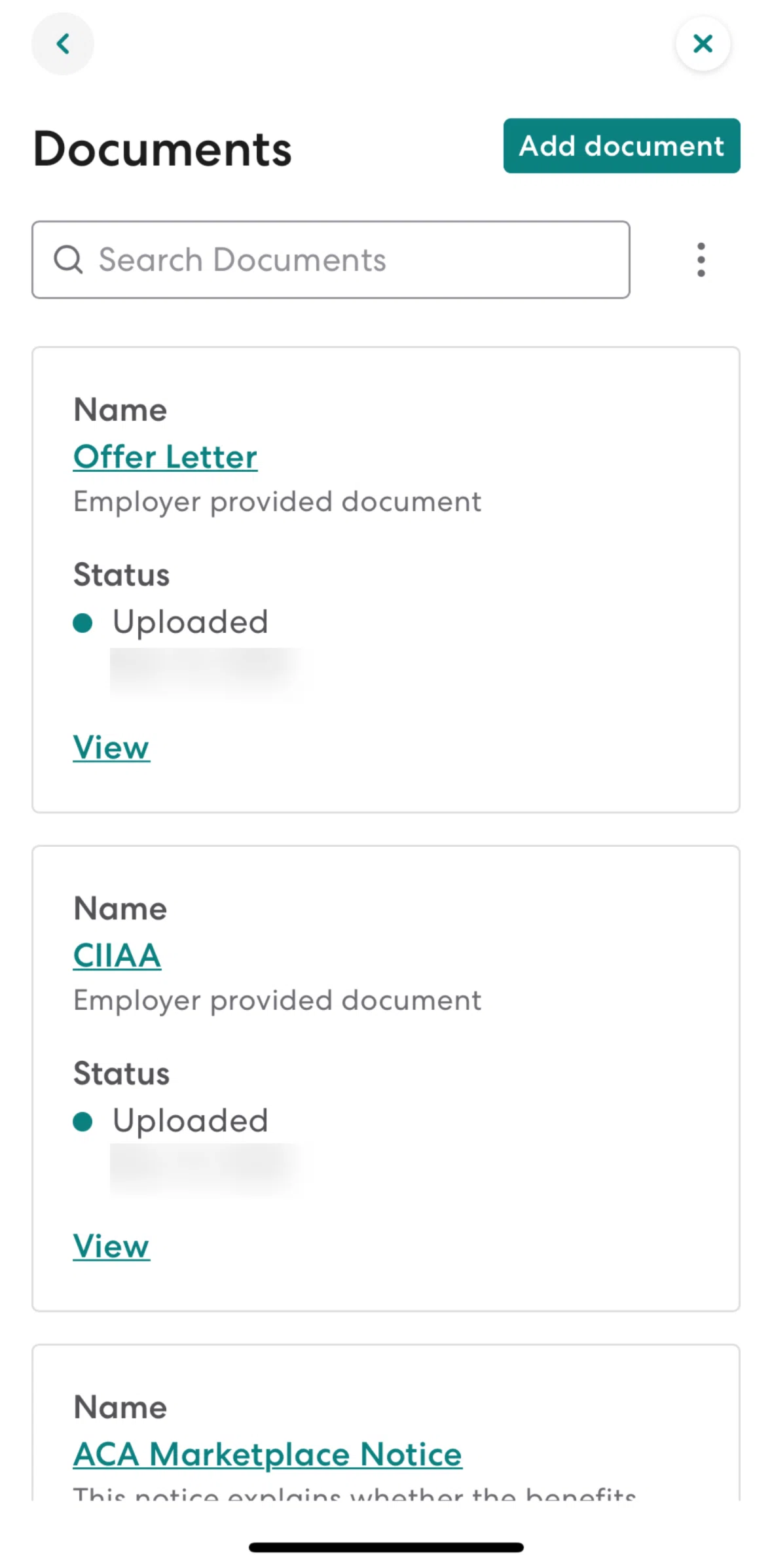 Gusto Mobile Screen screen in the Filtering documents flow