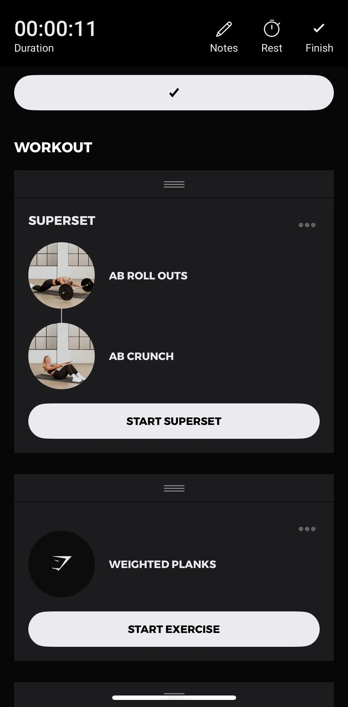 Gymshark Training and Fitness Screen screen in the Completing a superset flow