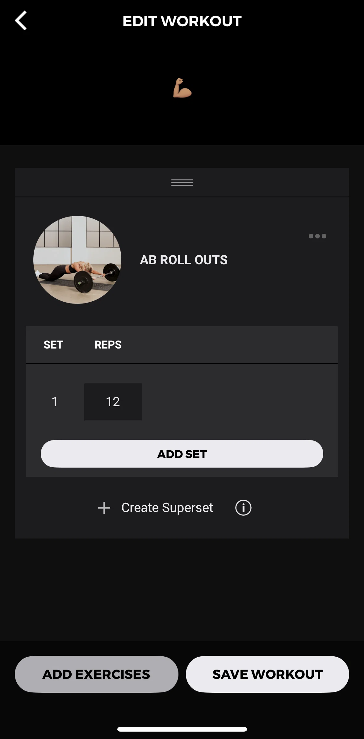 Gymshark Training and Fitness Screen screen in the Creating a superset flow