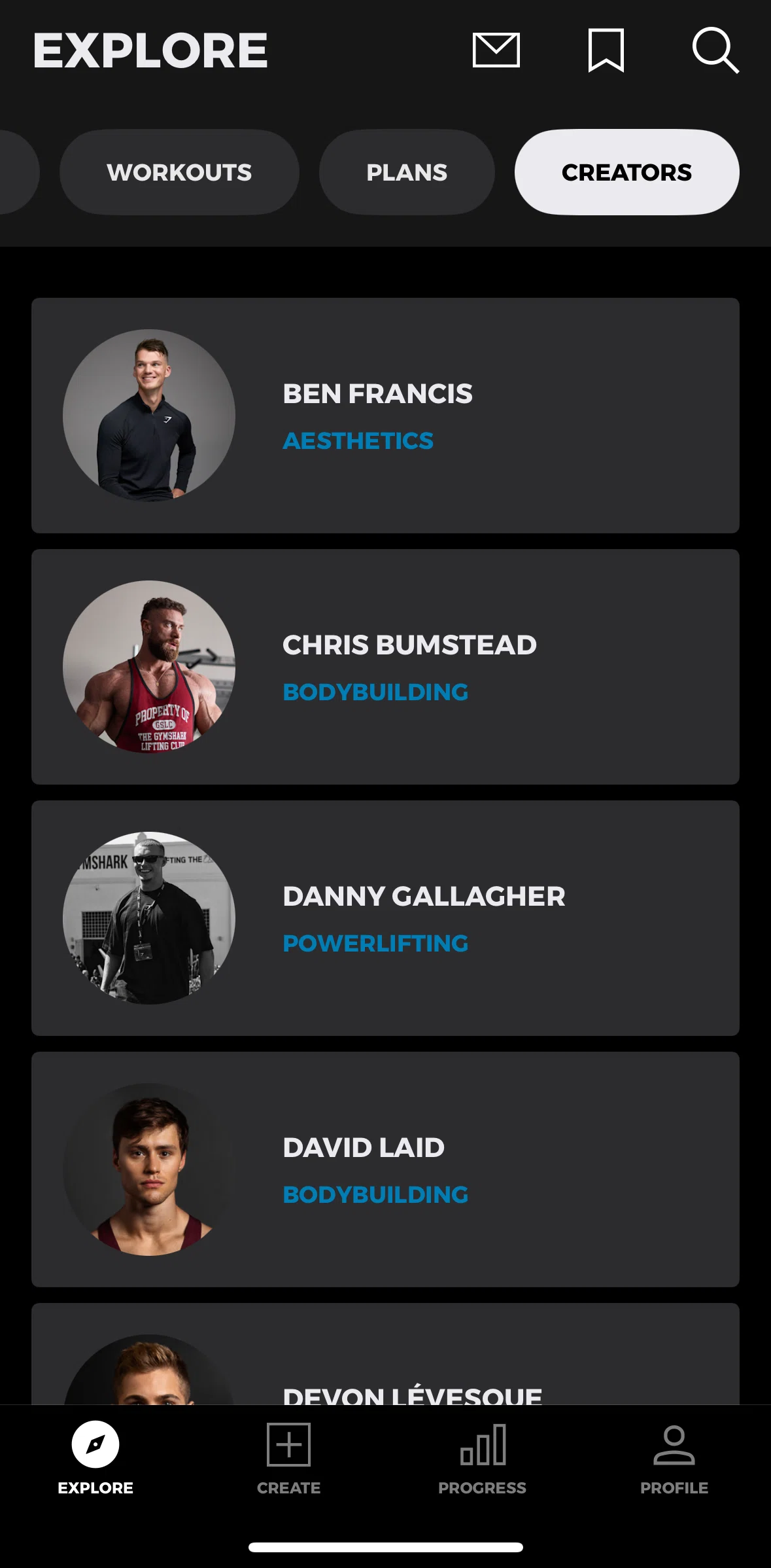 Gymshark Training and Fitness Screen screen in the Creator profile flow