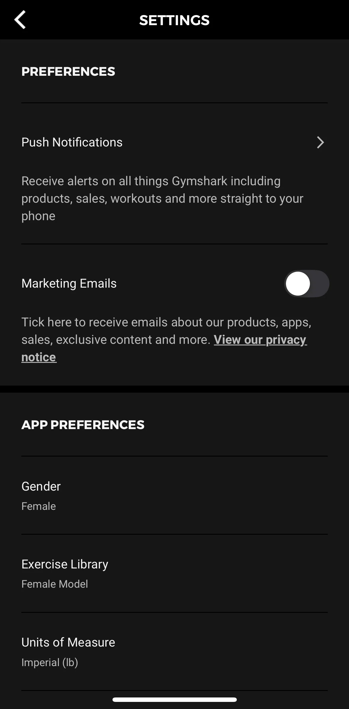 Gymshark Training and Fitness Screen screen in the Editing preferences flow