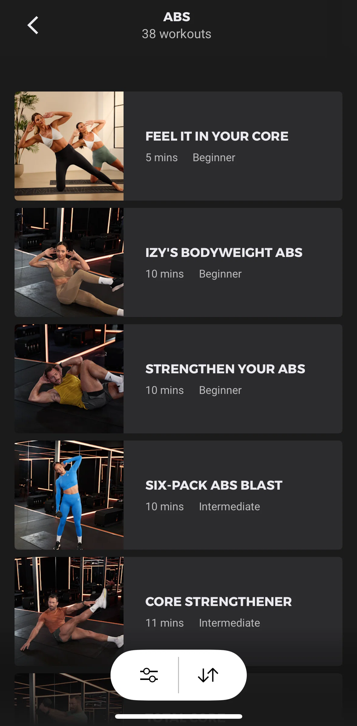 Gymshark Training and Fitness Screen screen in the Filtering workouts flow