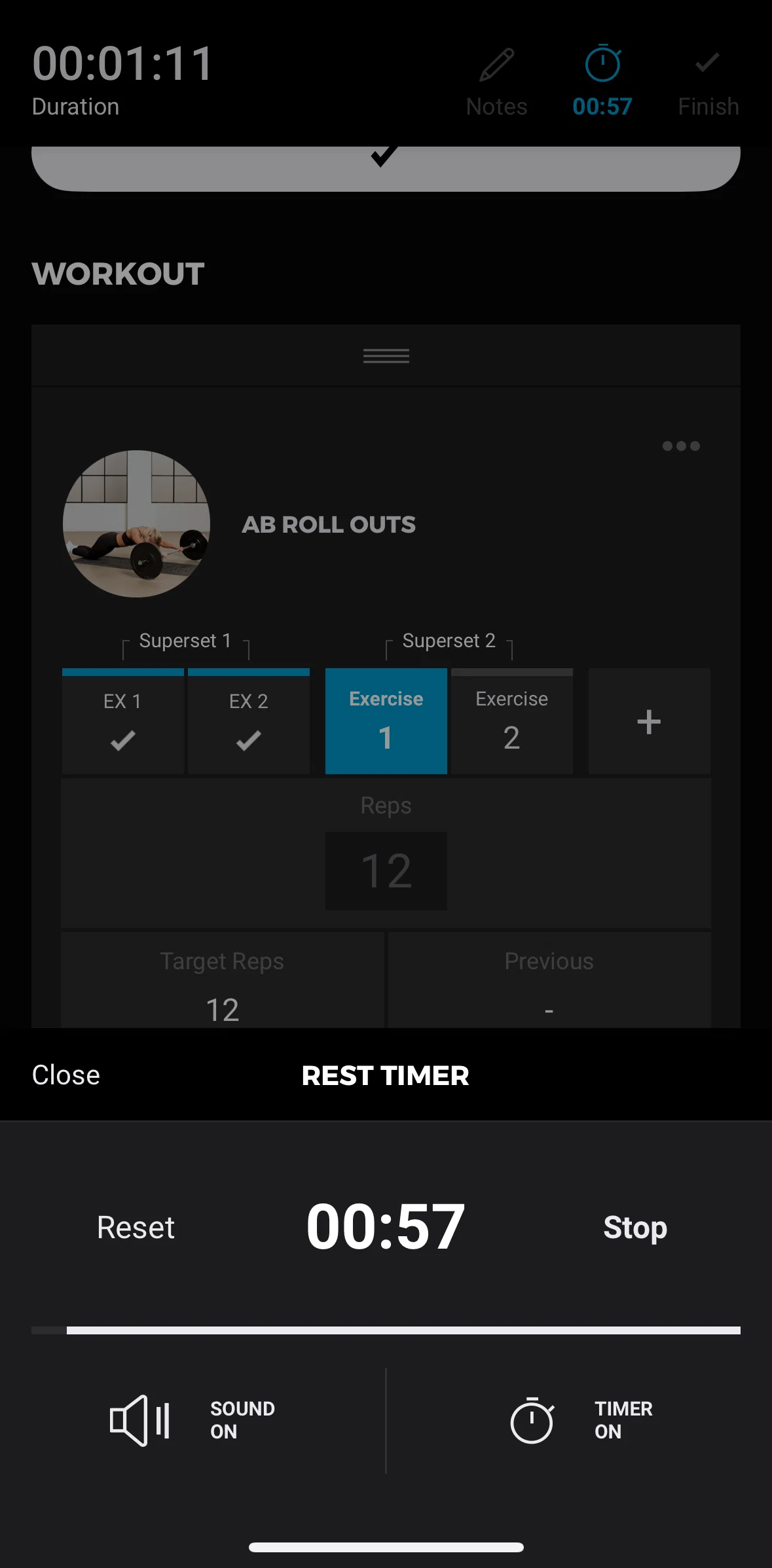 Gymshark Training and Fitness Screen screen in the Muting a rest timer flow