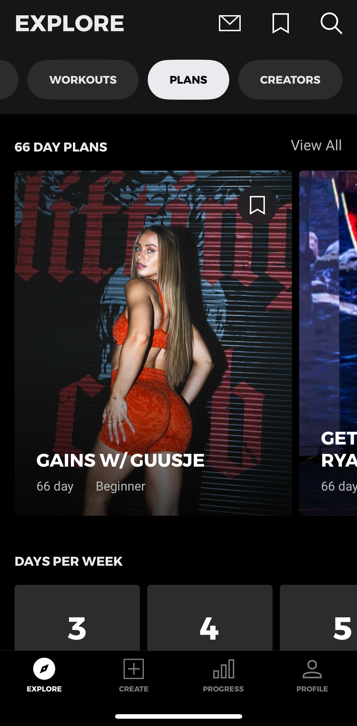 Gymshark Training and Fitness Screen screen in the Plans (Explore) flow