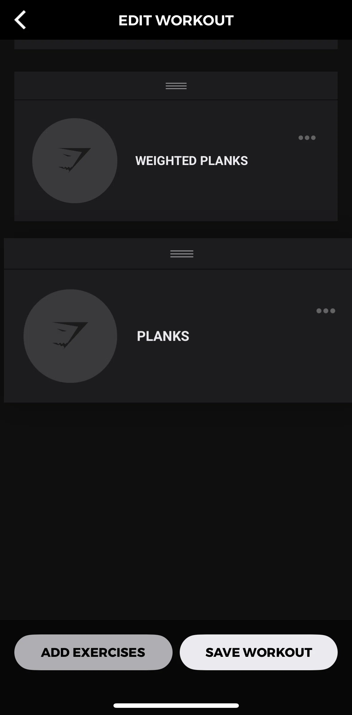 Gymshark Training and Fitness Screen screen in the Reordering a workout flow