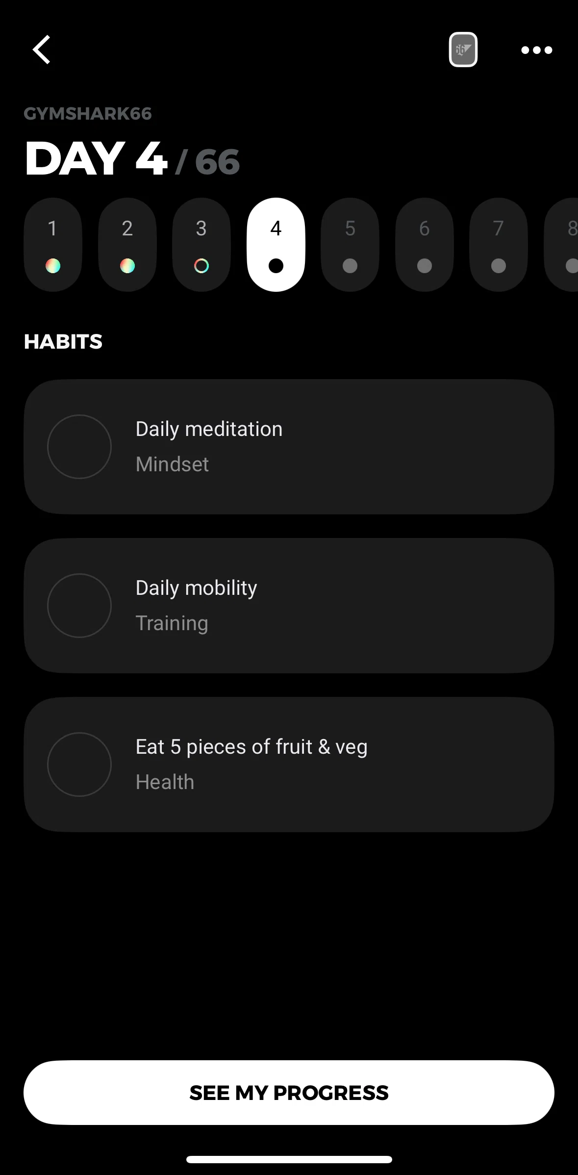 Gymshark Training and Fitness Screen screen in the Reviewing daily progress flow
