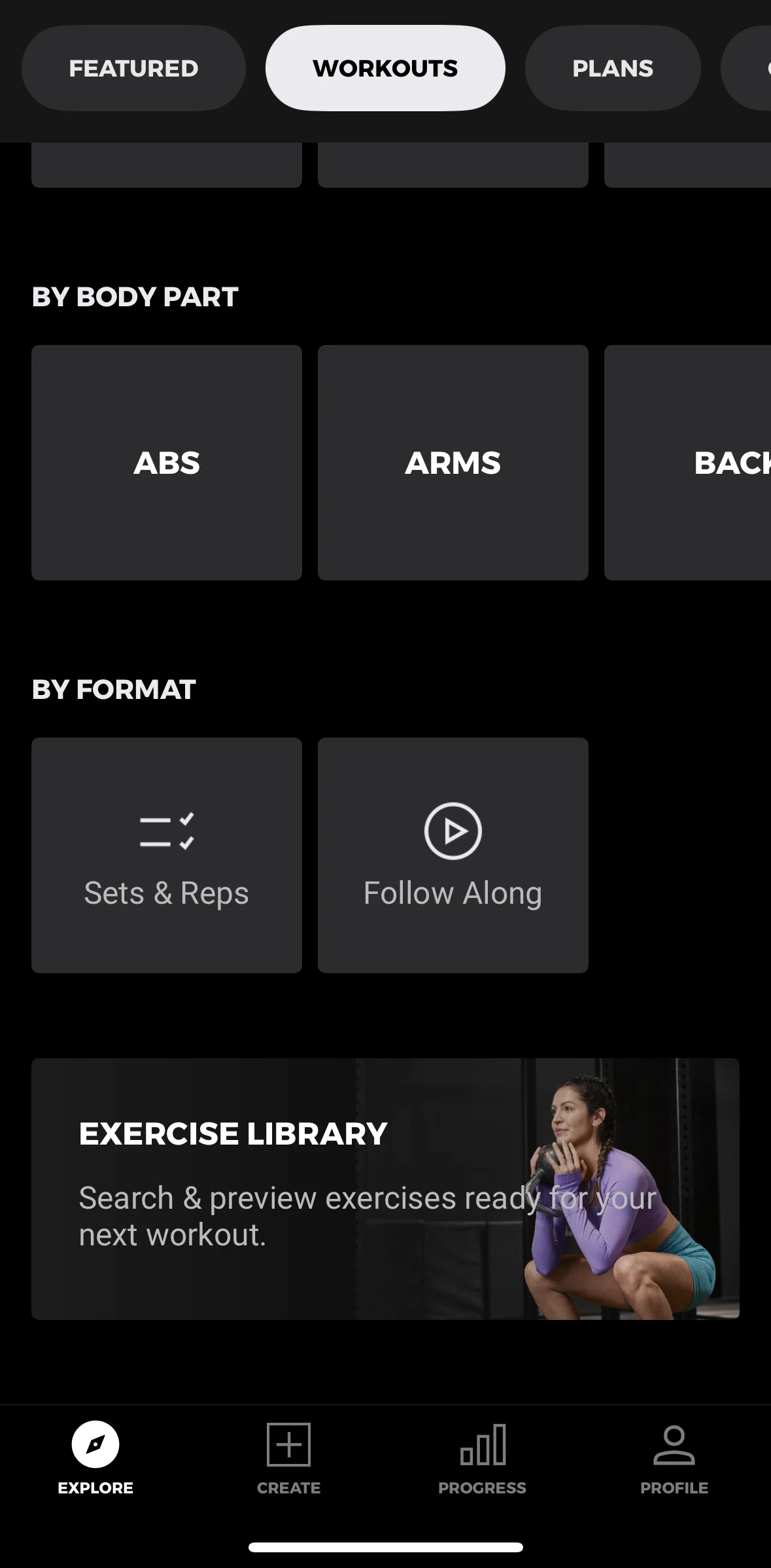 Gymshark Training and Fitness Screen screen in the Searching exercises flow