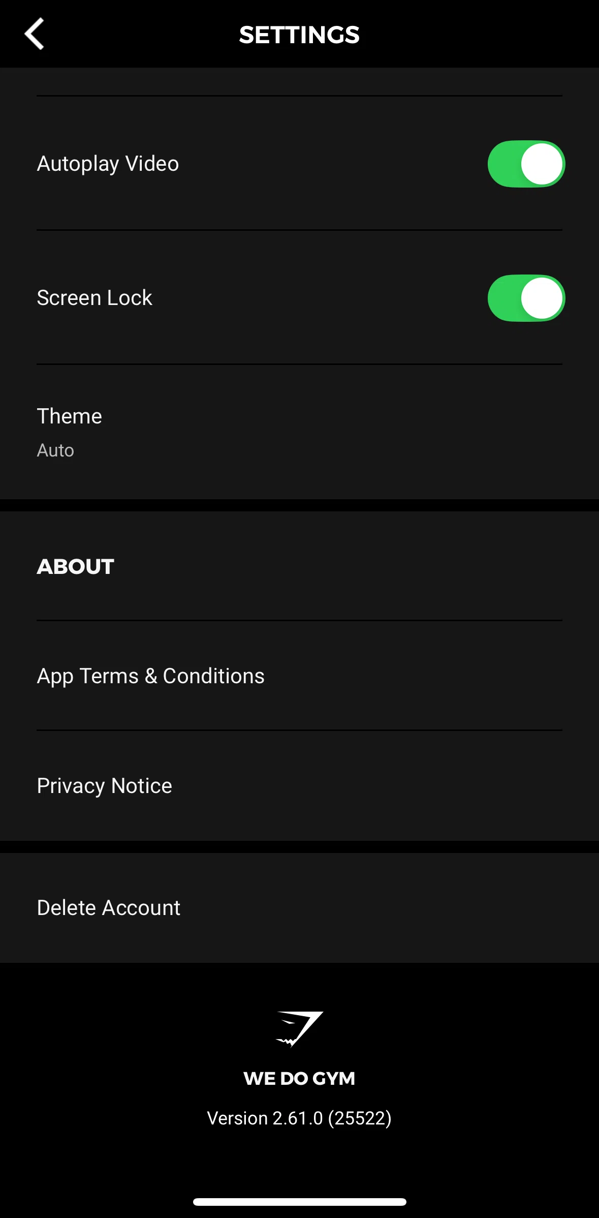 Gymshark Training and Fitness Screen screen in the Switching to light mode flow