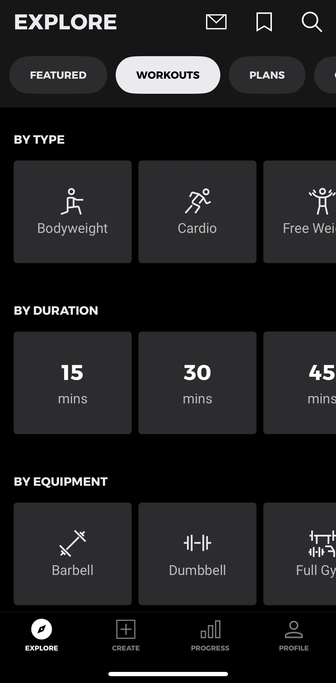 Gymshark Training and Fitness Screen screen in the Workouts (Explore) flow
