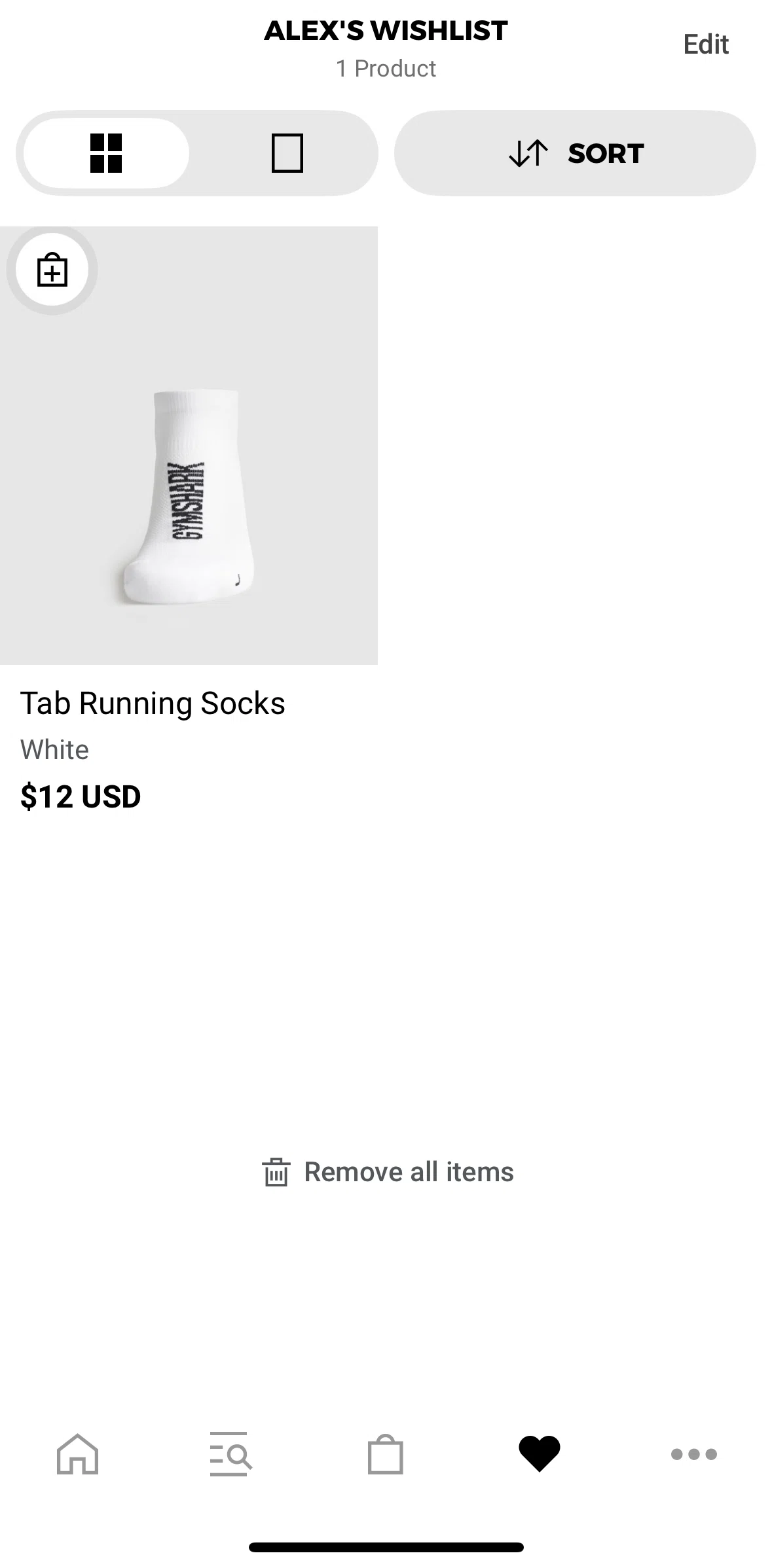 Gymshark Screen screen in the Removing a product from wishlist flow