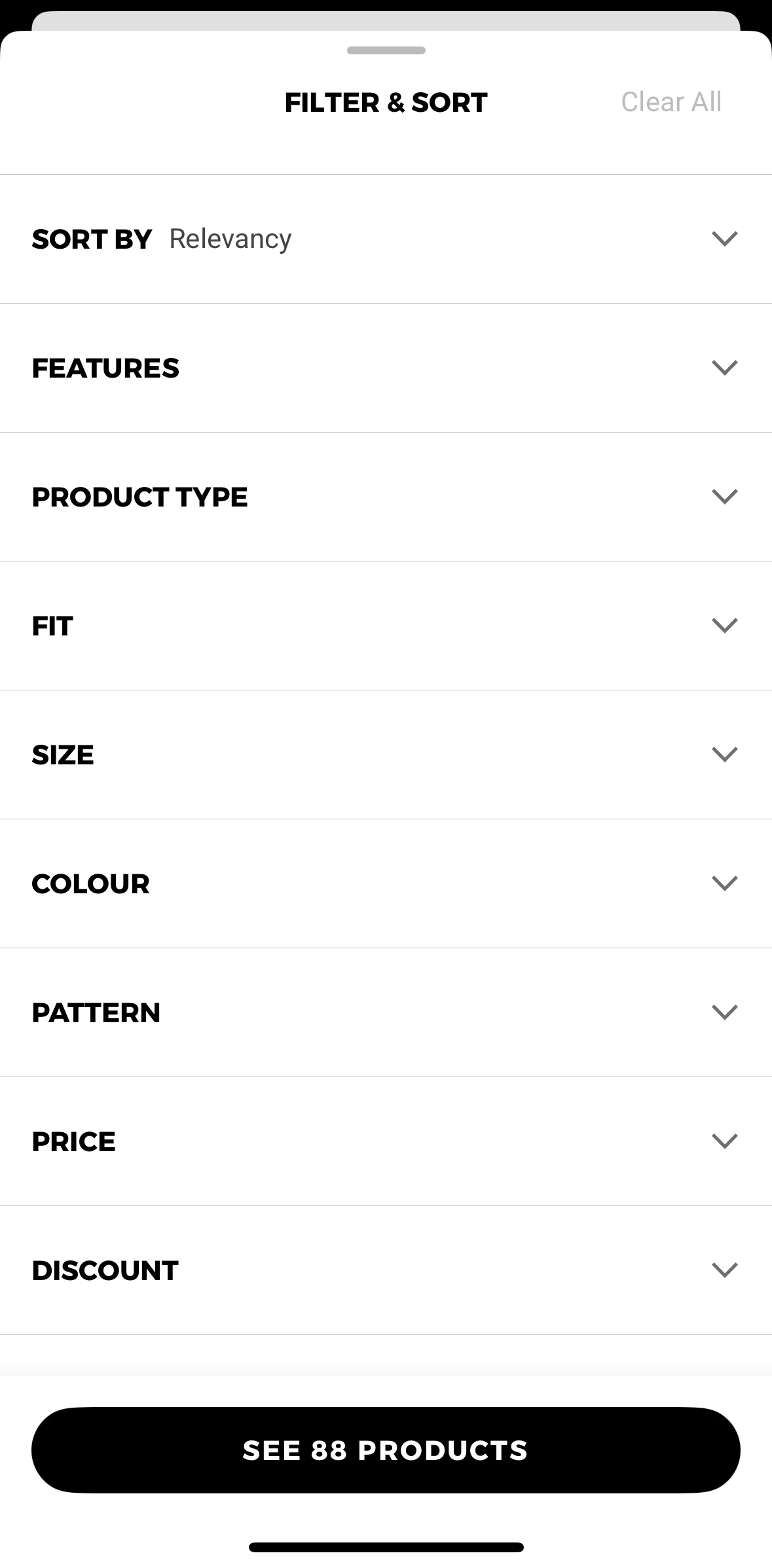 Gymshark Screen screen in the Sorting products flow