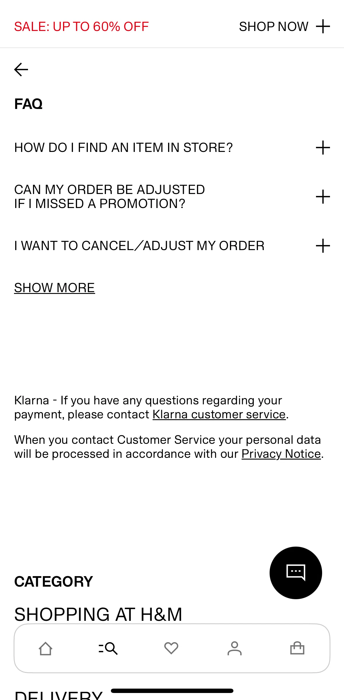 H And M Screen screen in the Asking H&M chatbot flow