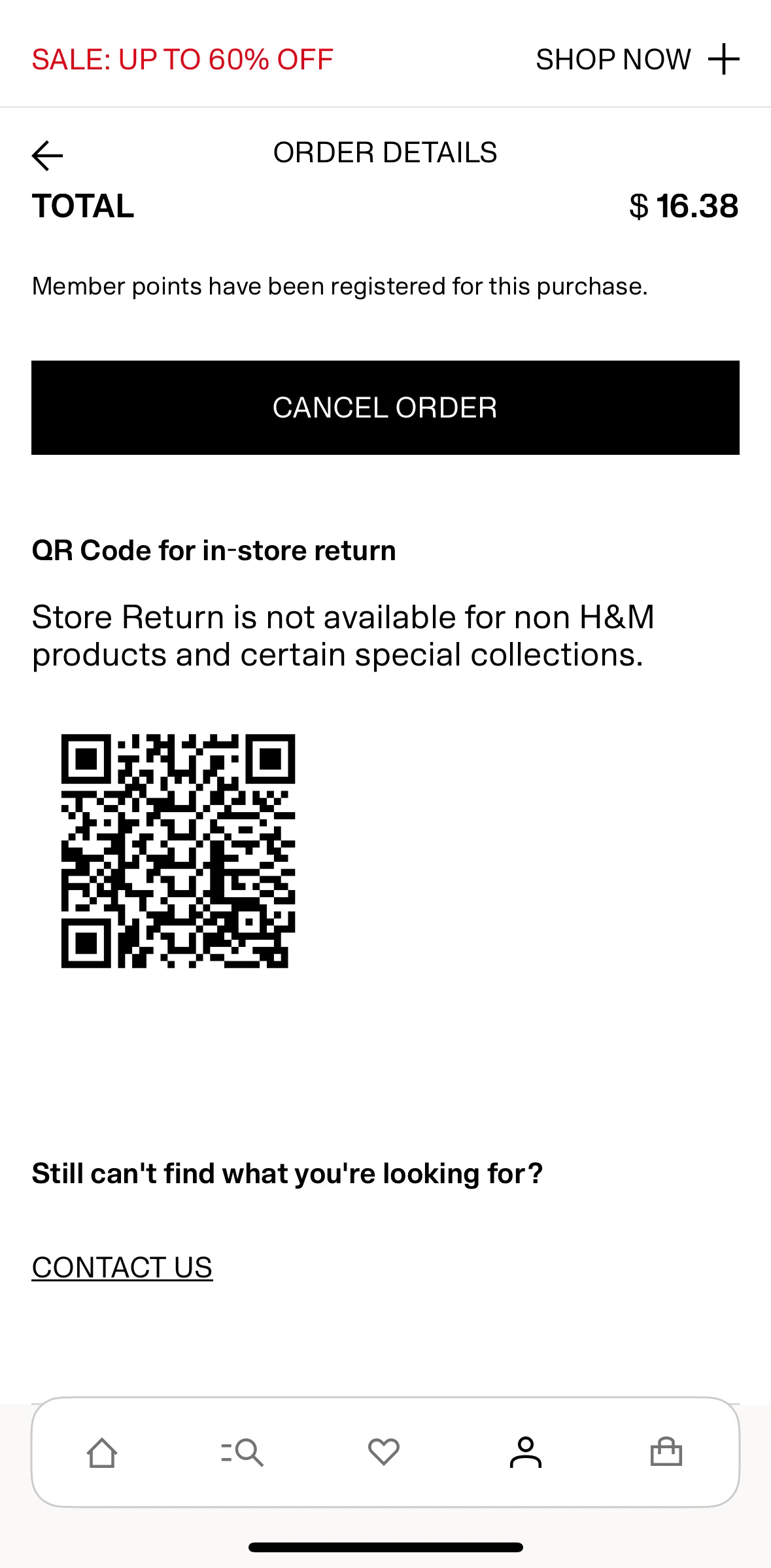 H And M Screen screen in the Canceling an order flow