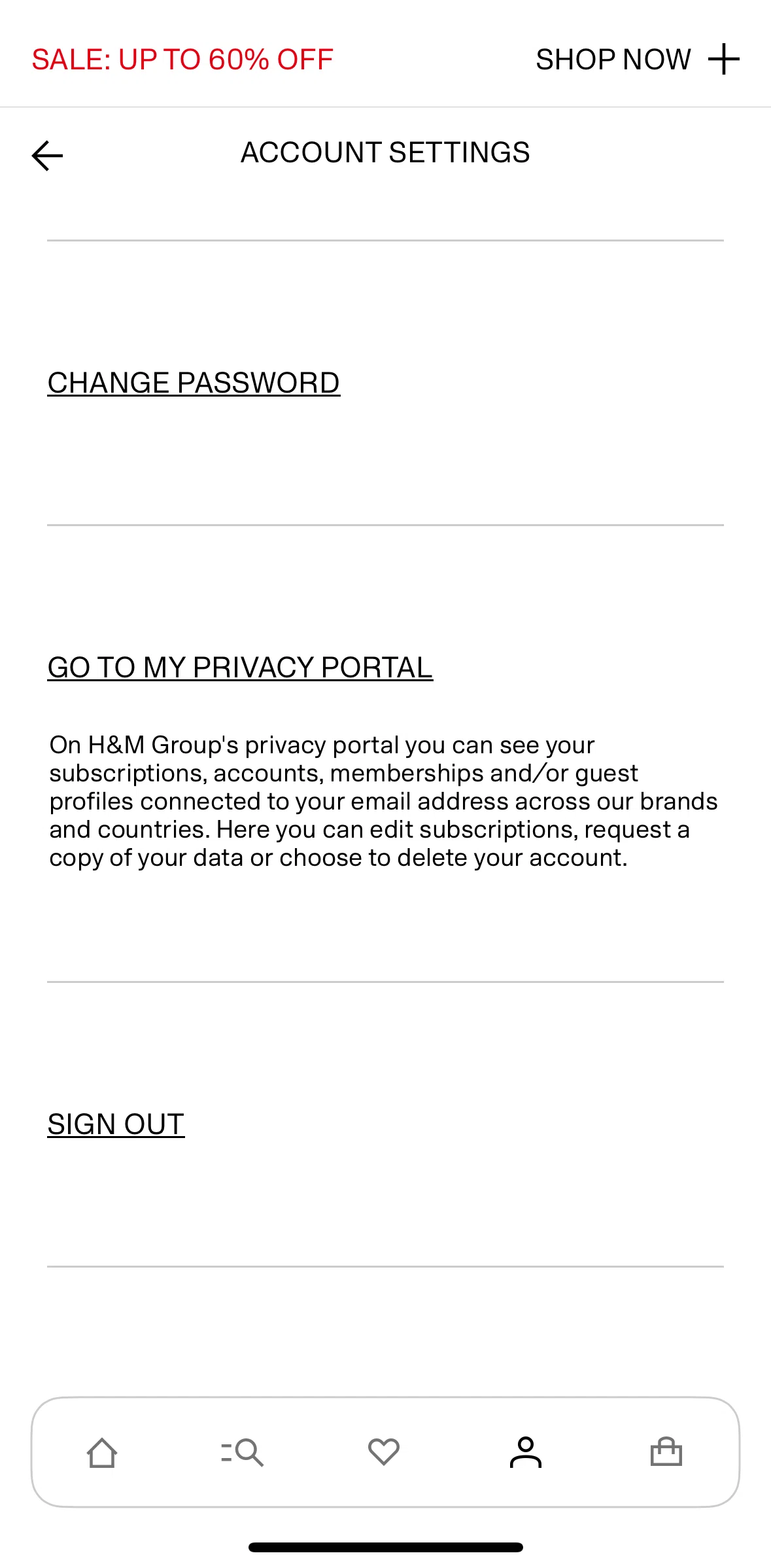 H And M Screen screen in the Changing password flow