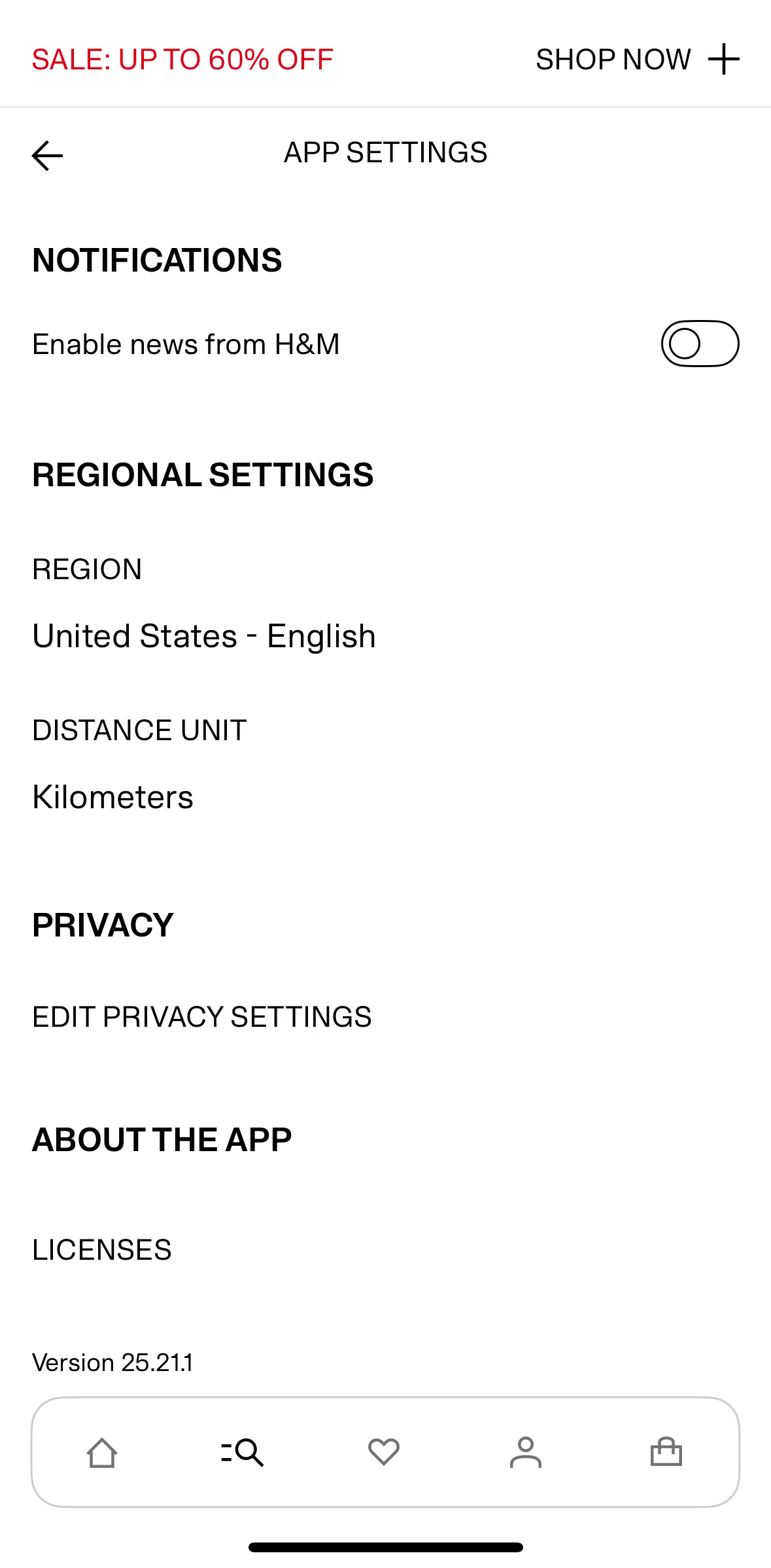 H And M Screen screen in the Licenses flow