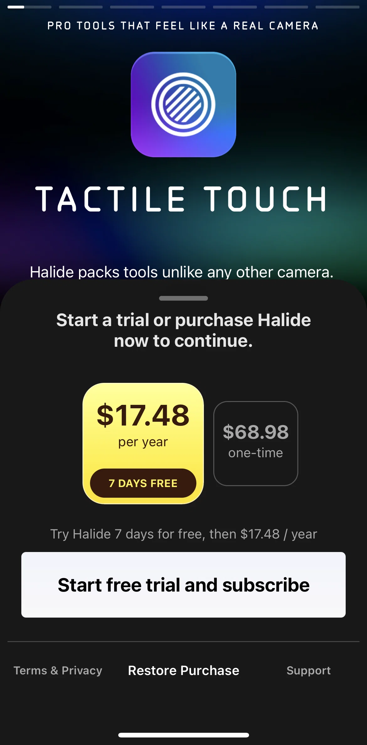 Halide Mark III Screen screen in the Subscribing to Halide flow