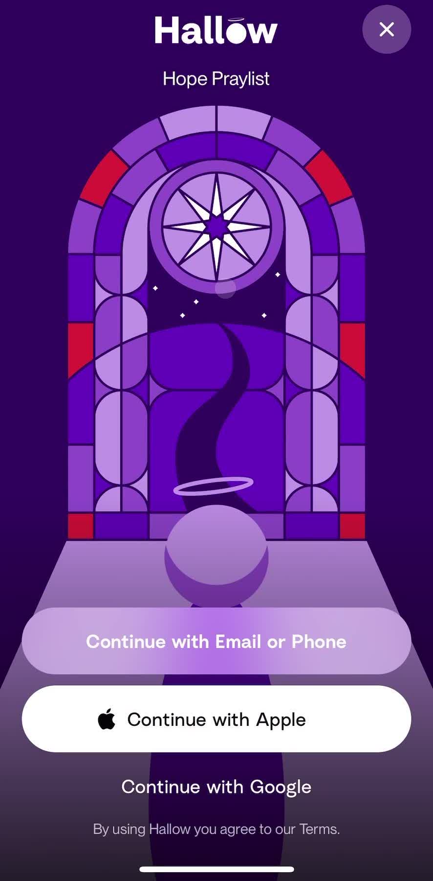 Hallow Start screen screen in the Onboarding flow