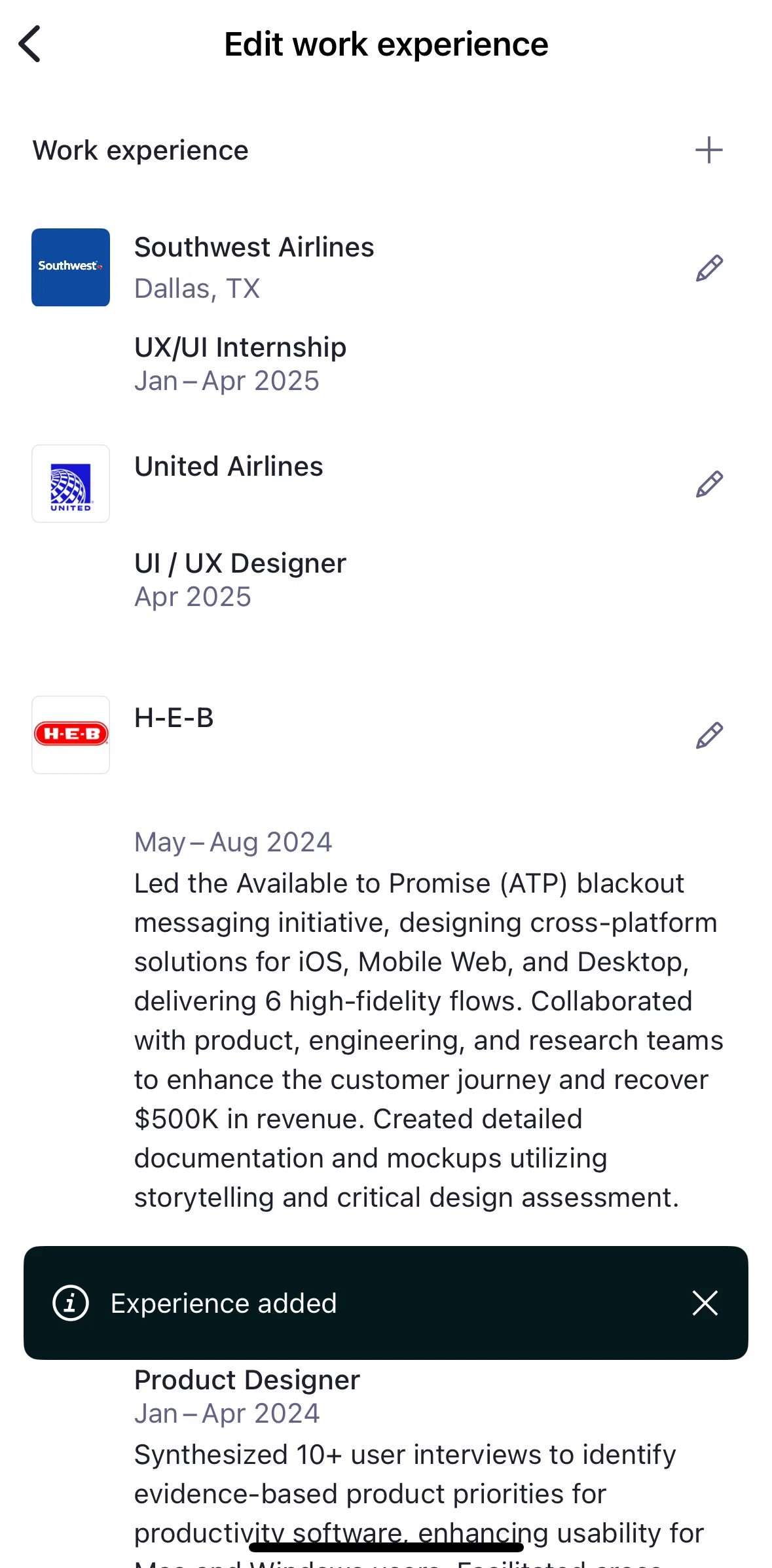 Handshake Screen screen in the Removing work experience flow