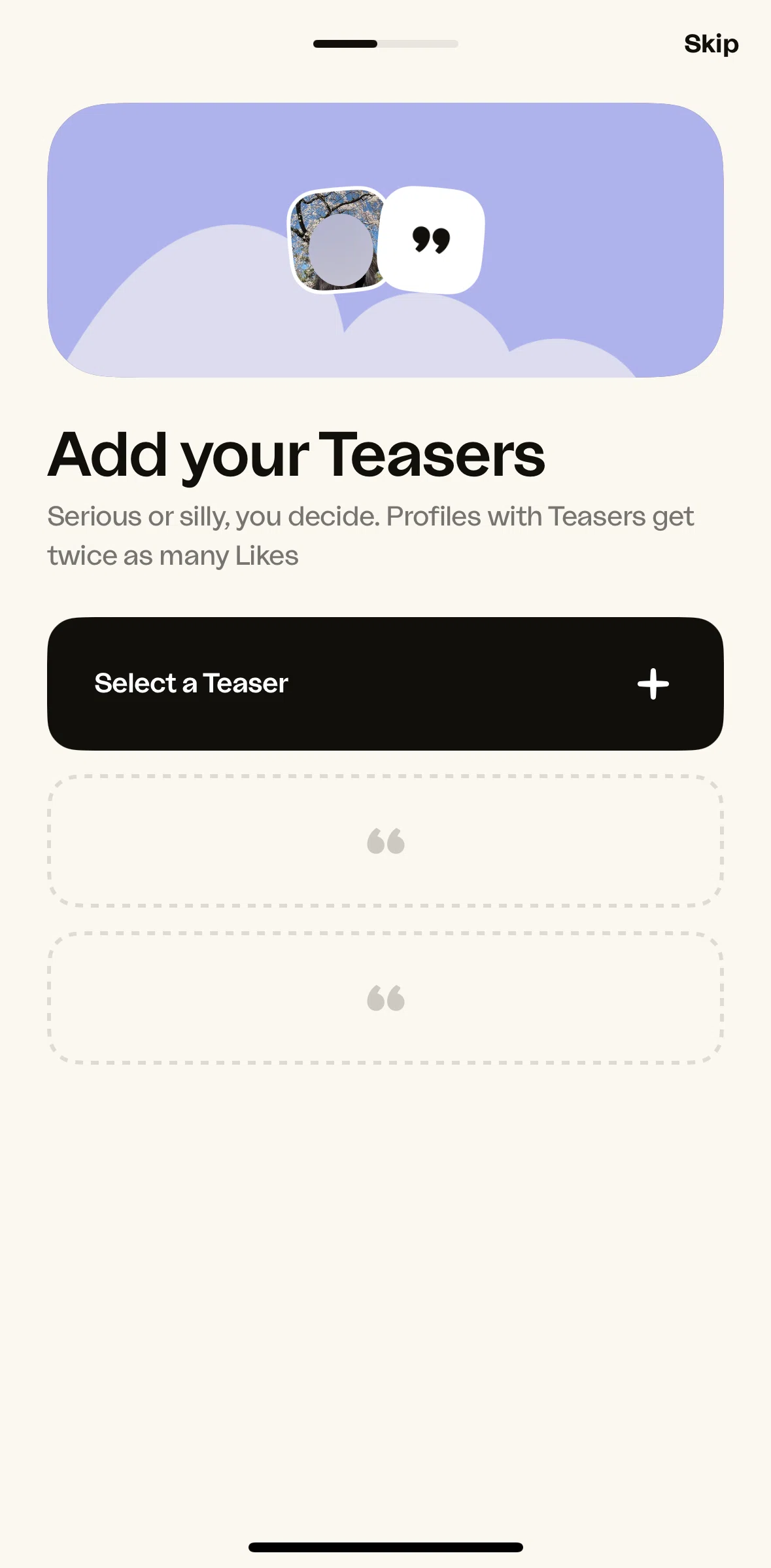 happn Screen screen in the Adding a teaser flow