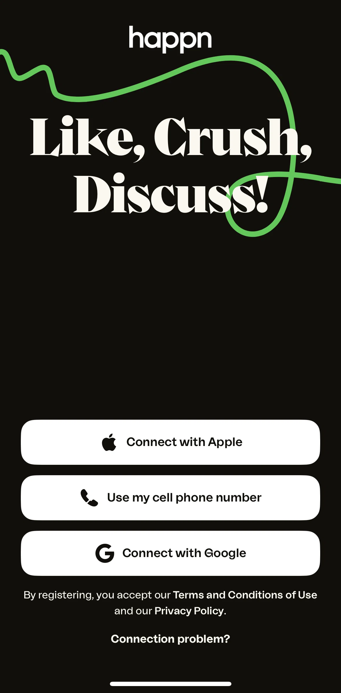 happn Screen screen in the Logging in flow