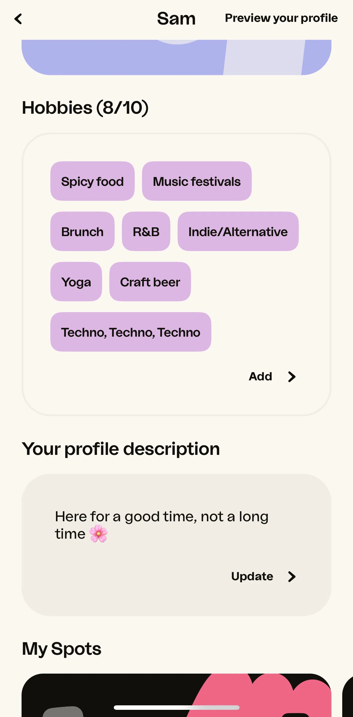 happn Screen screen in the Updating profile description flow