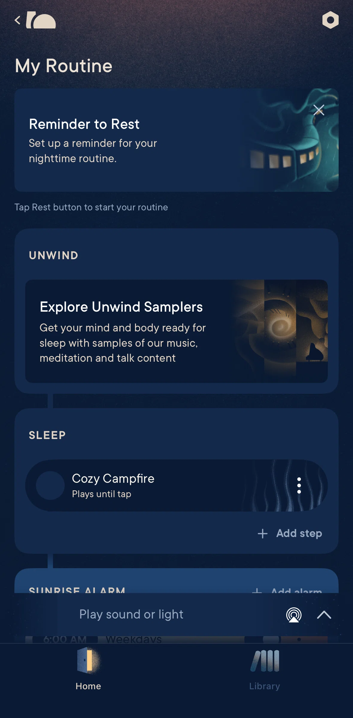 Hatch Sleep Screen screen in the Adding a step (unwind) flow