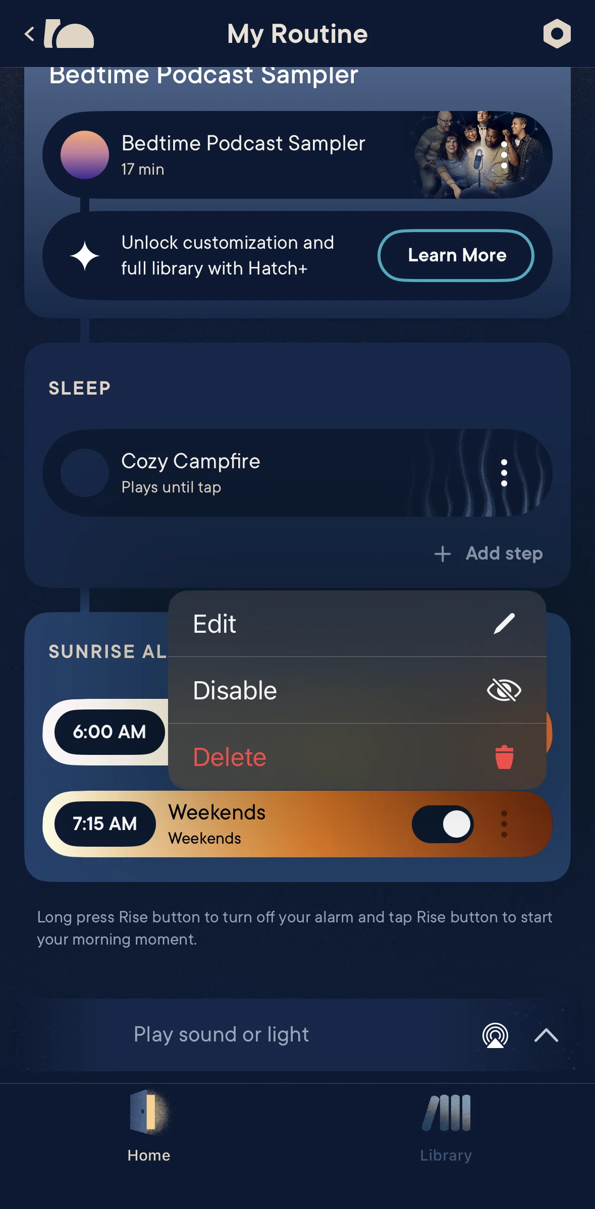 Hatch Sleep Screen screen in the Deleting an alarm flow