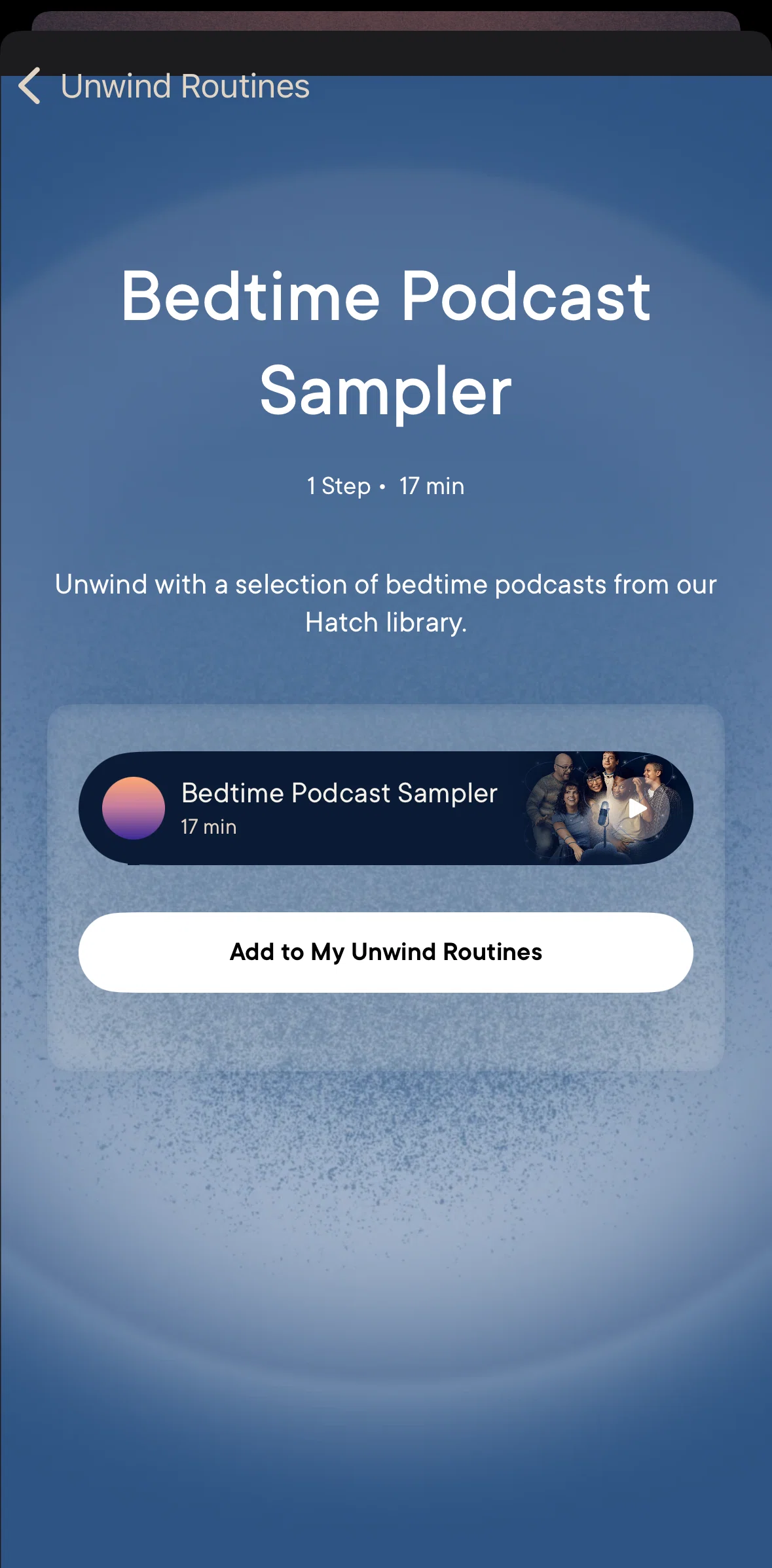 Hatch Sleep Screen screen in the Listening to a podcast flow