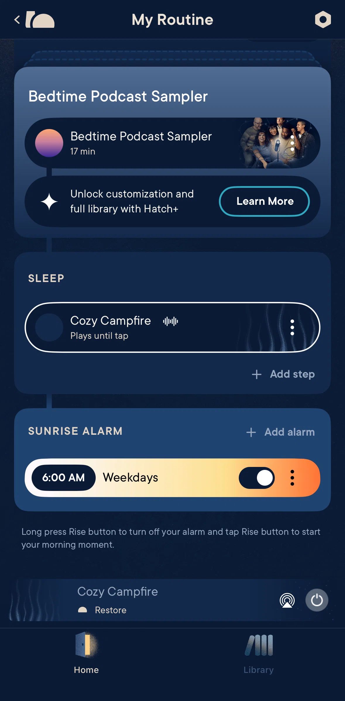 Hatch Sleep Screen screen in the Listening to a sound (Home) flow