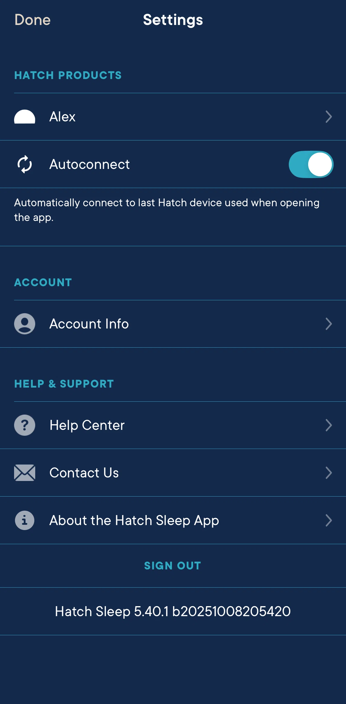 Hatch Sleep Screen screen in the Logging out flow