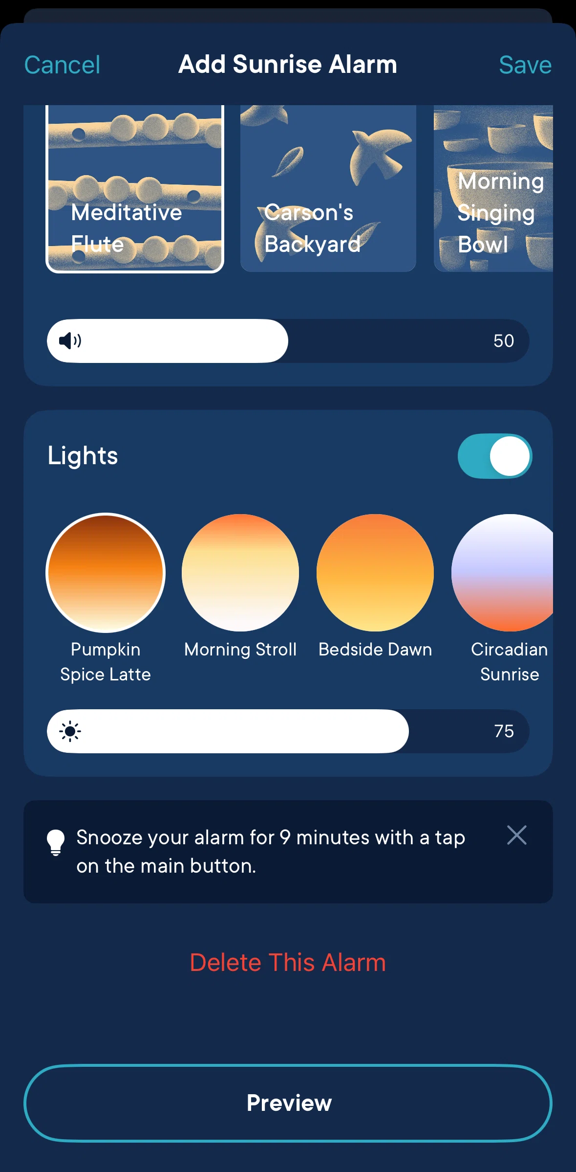 Hatch Sleep Screen screen in the Previewing an alarm flow