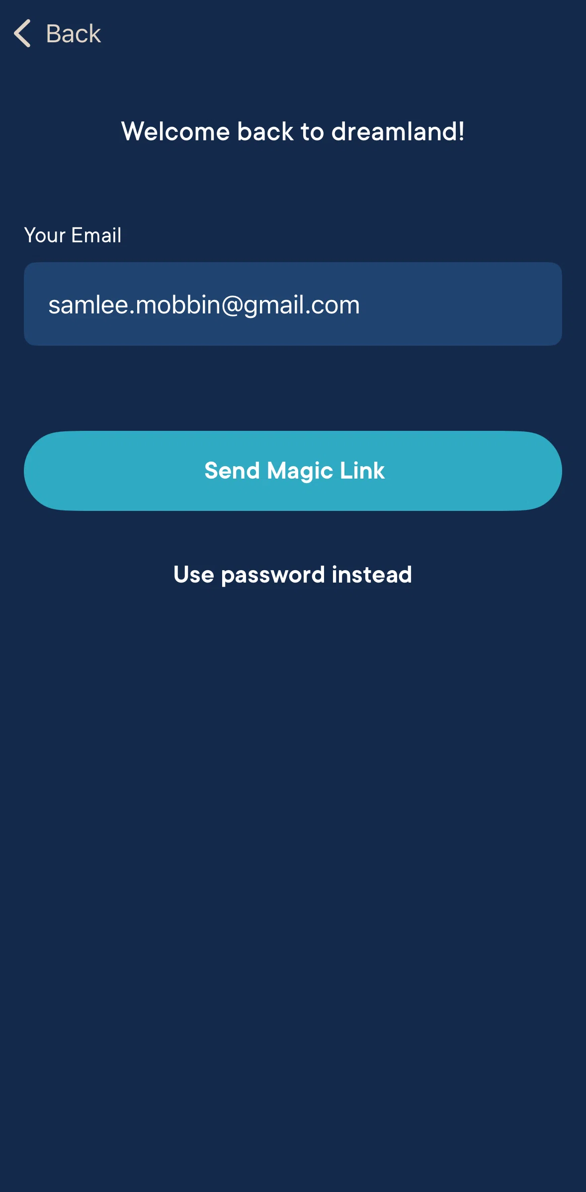Hatch Sleep Screen screen in the Sending a magic link flow