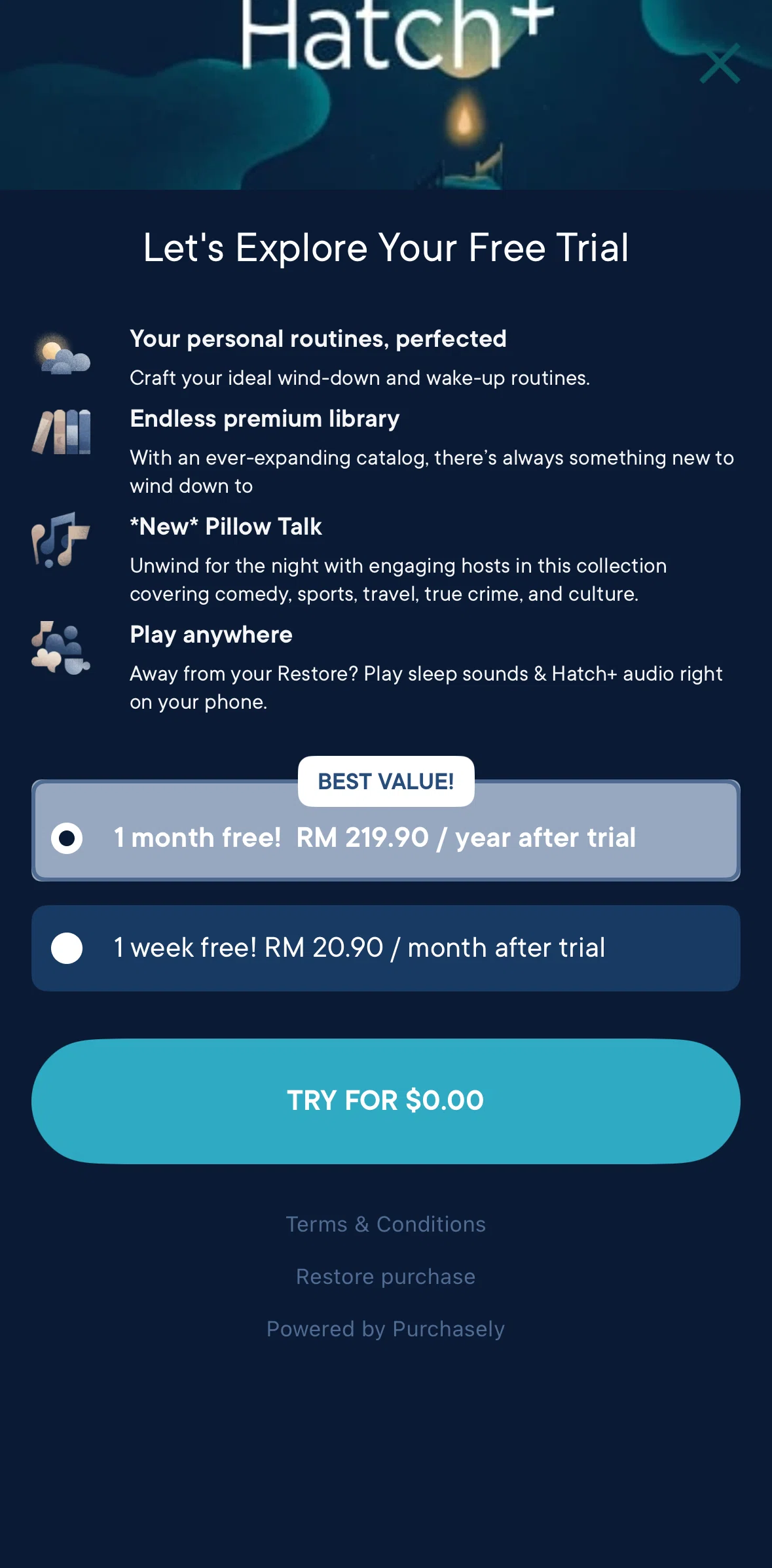 Hatch Sleep Screen screen in the Subscribing to Hatch+ flow
