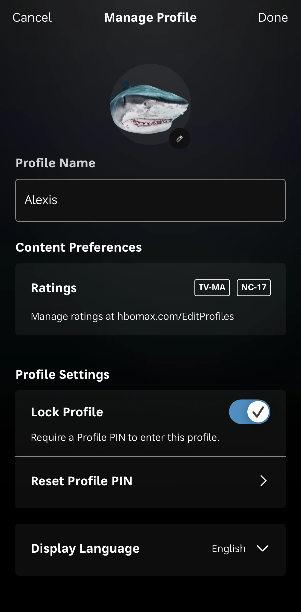 HBO Max Screen screen in the Changing language flow