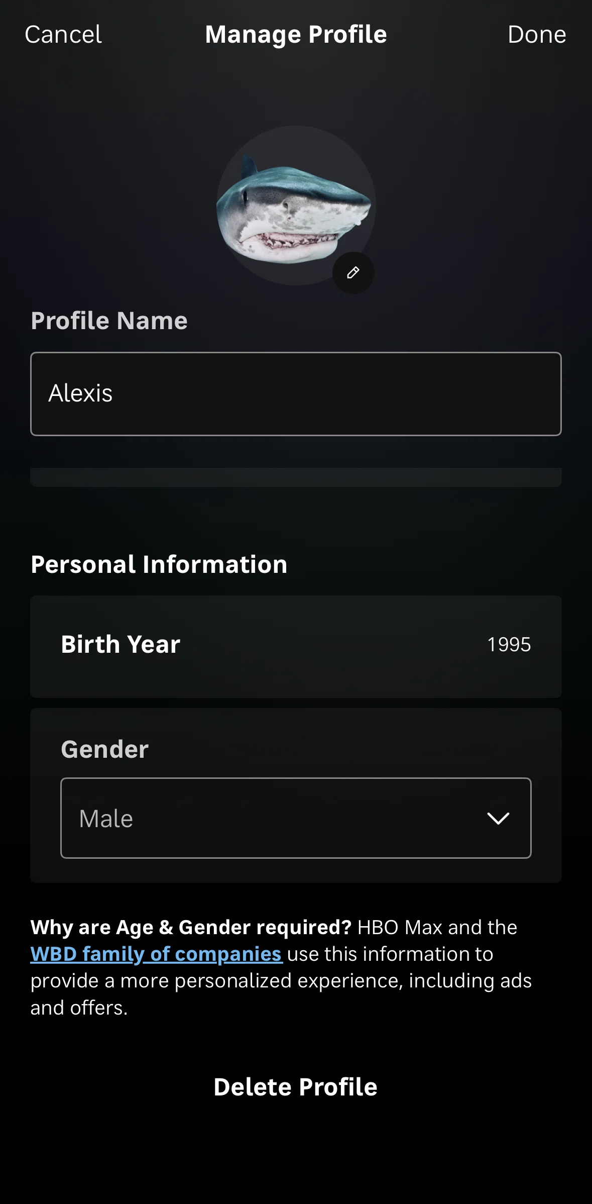 HBO Max Screen screen in the Deleting a profile flow