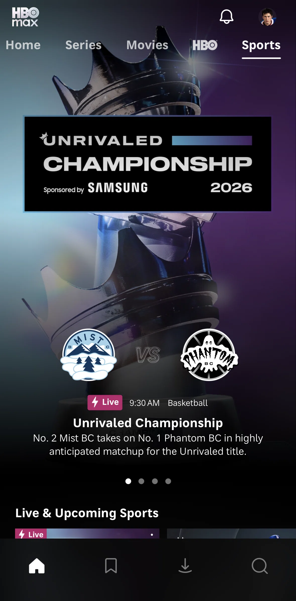 HBO Max Screen screen in the Live event detail flow