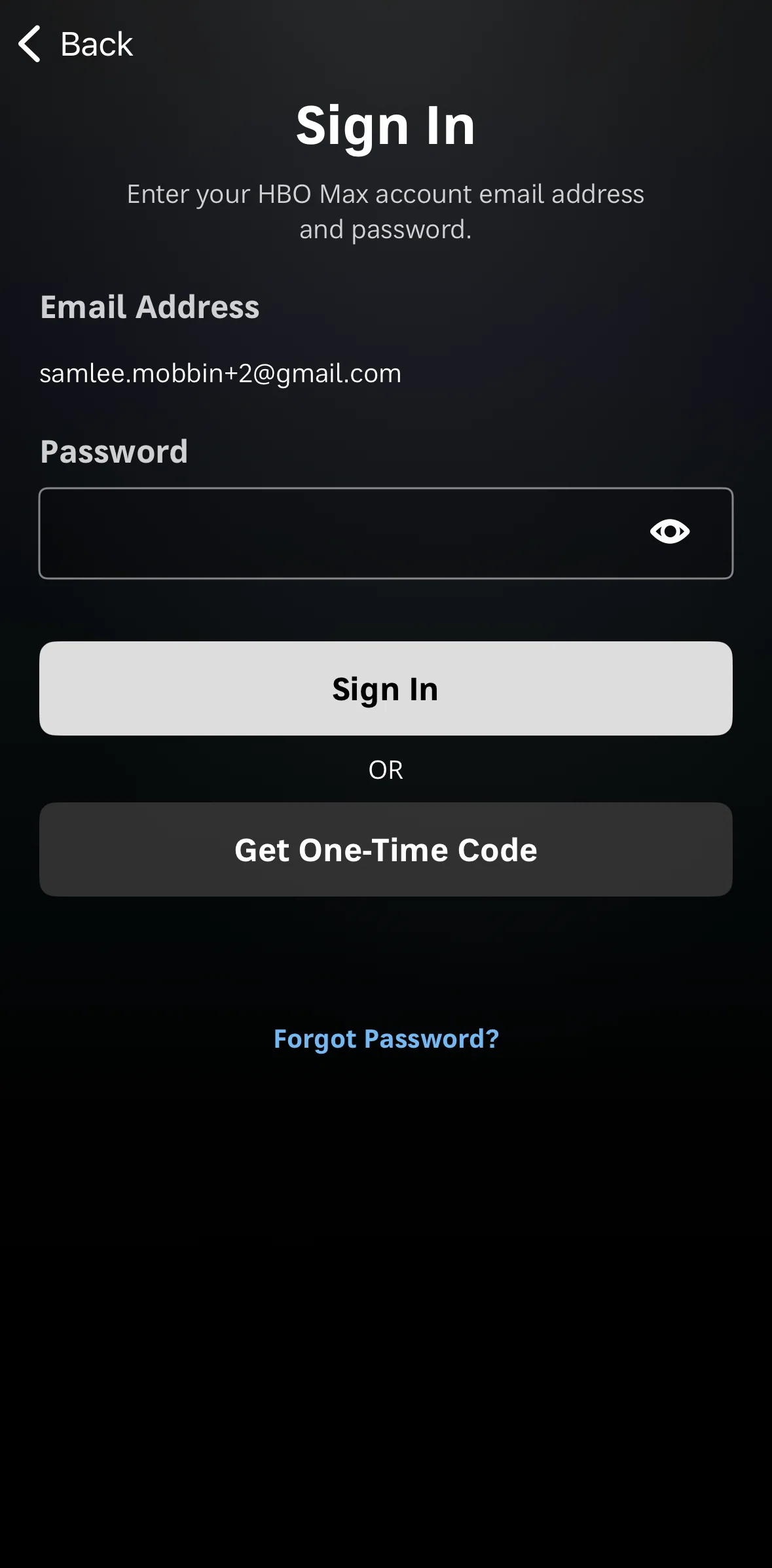 HBO Max Screen screen in the Logging in (one-time code) flow