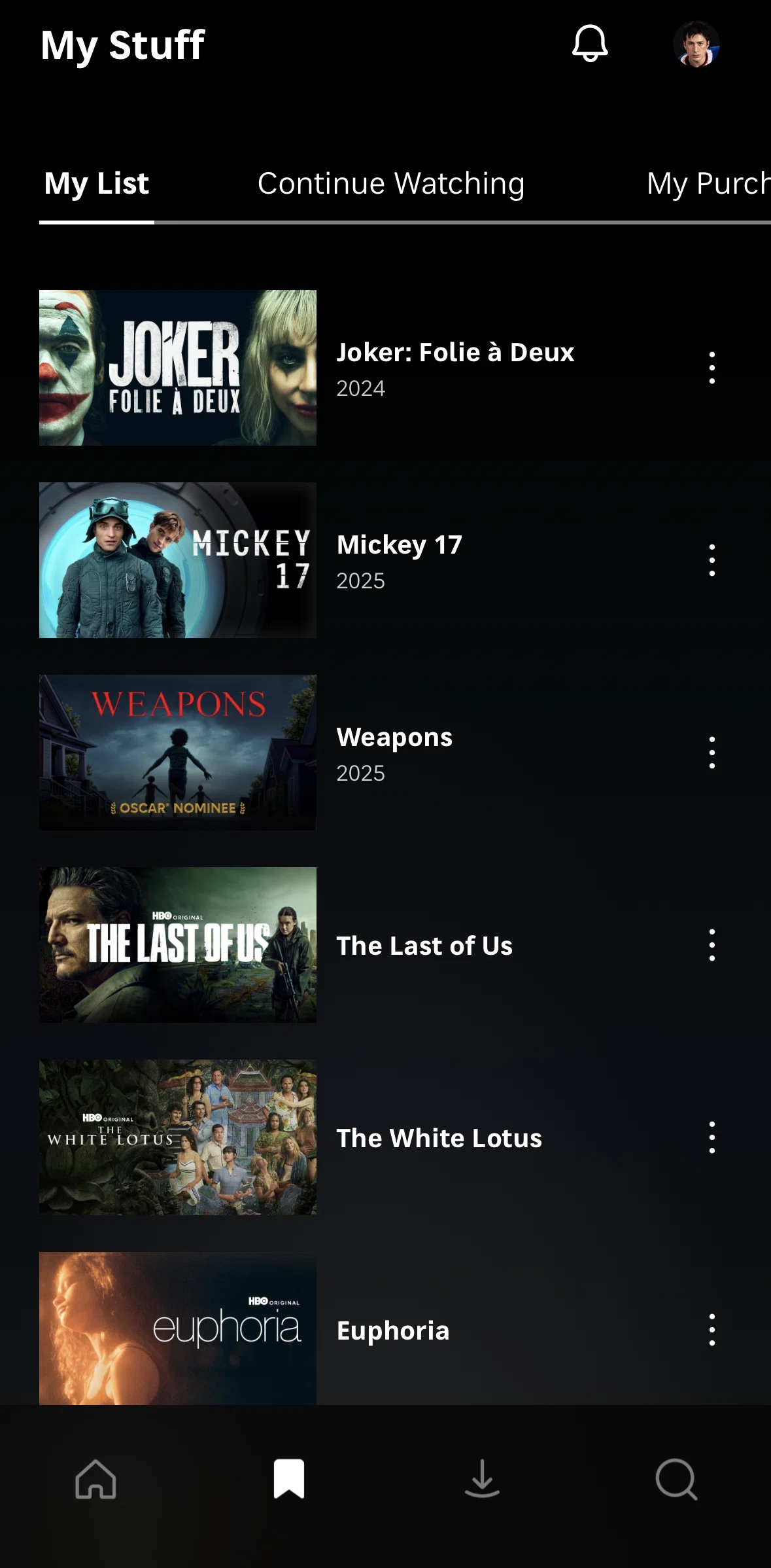HBO Max Screen screen in the My list flow