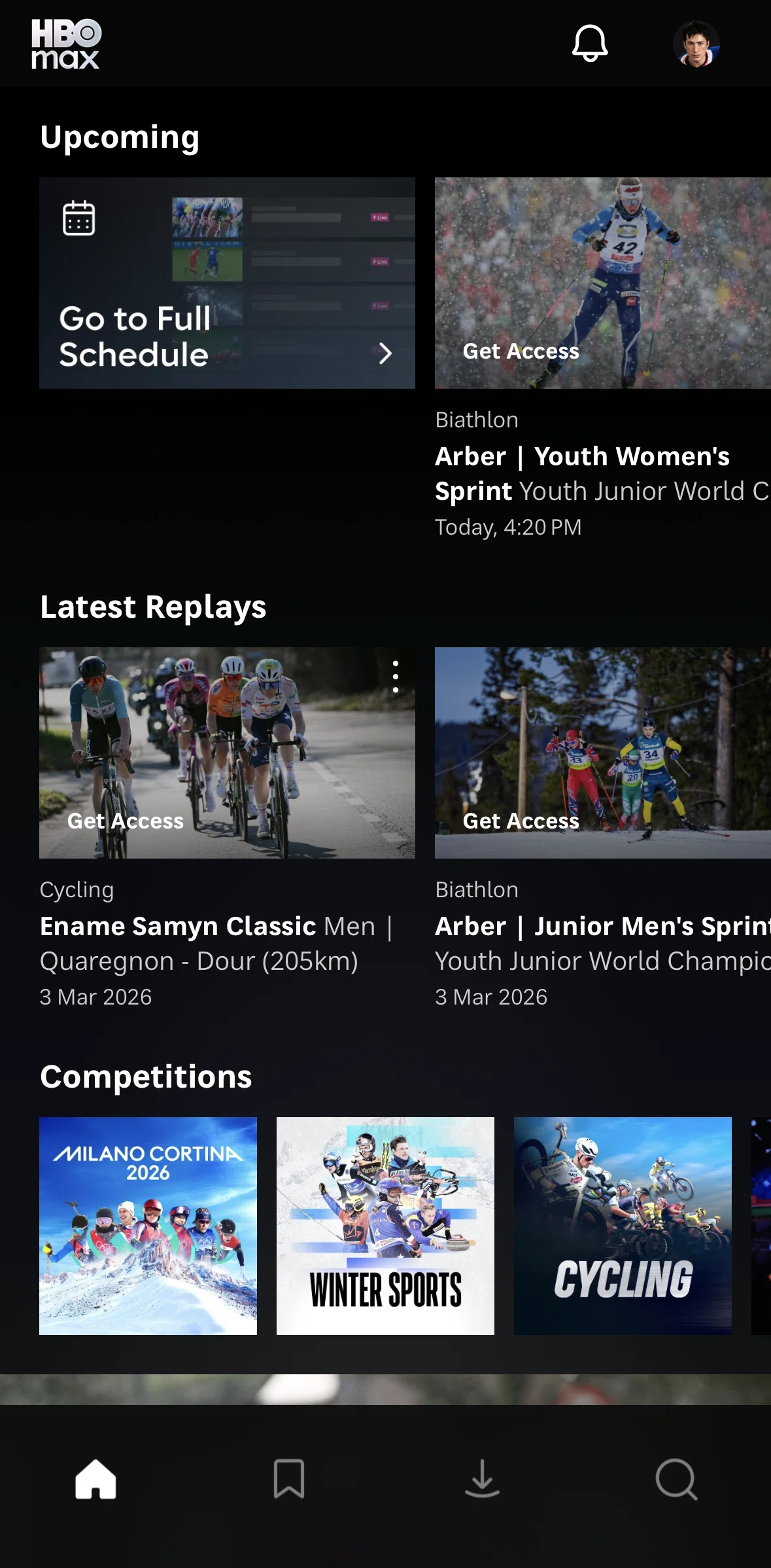 HBO Max Screen screen in the Sports schedule flow