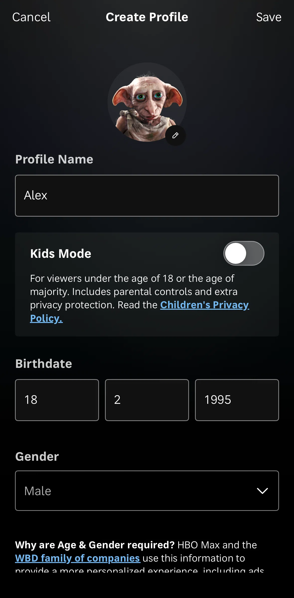 HBO Max Screen screen in the Turning on Kids mode flow