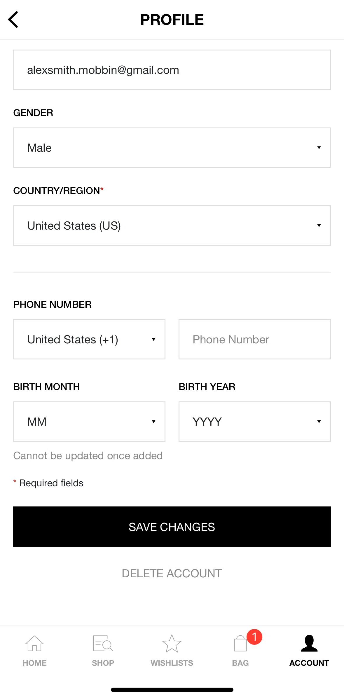 HBX Screen screen in the Deleting an account flow