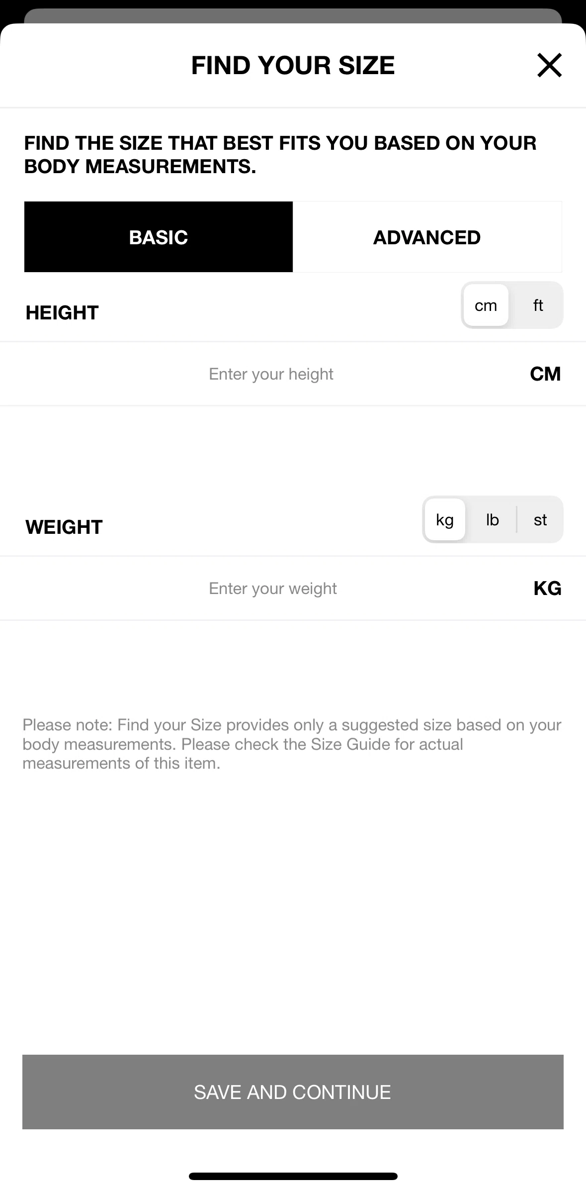 HBX Screen screen in the Finding your size through advanced setting flow