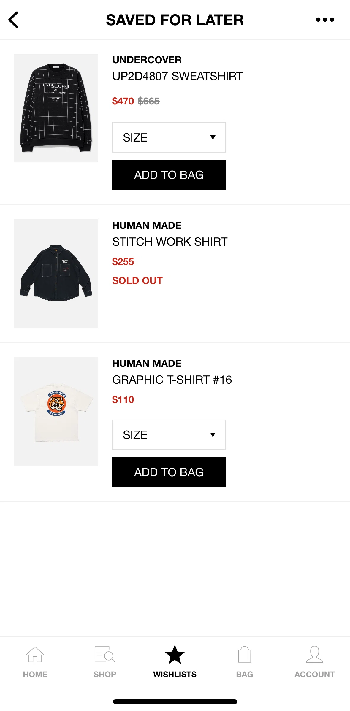 HBX Screen screen in the Removing product from wishlist flow