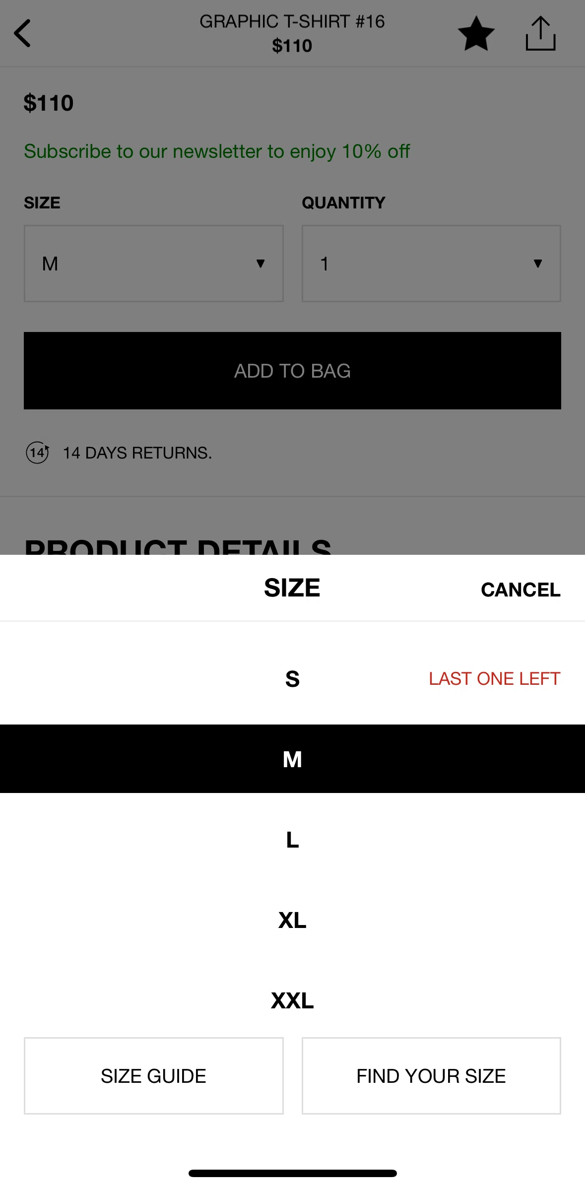HBX Screen screen in the Size guide flow