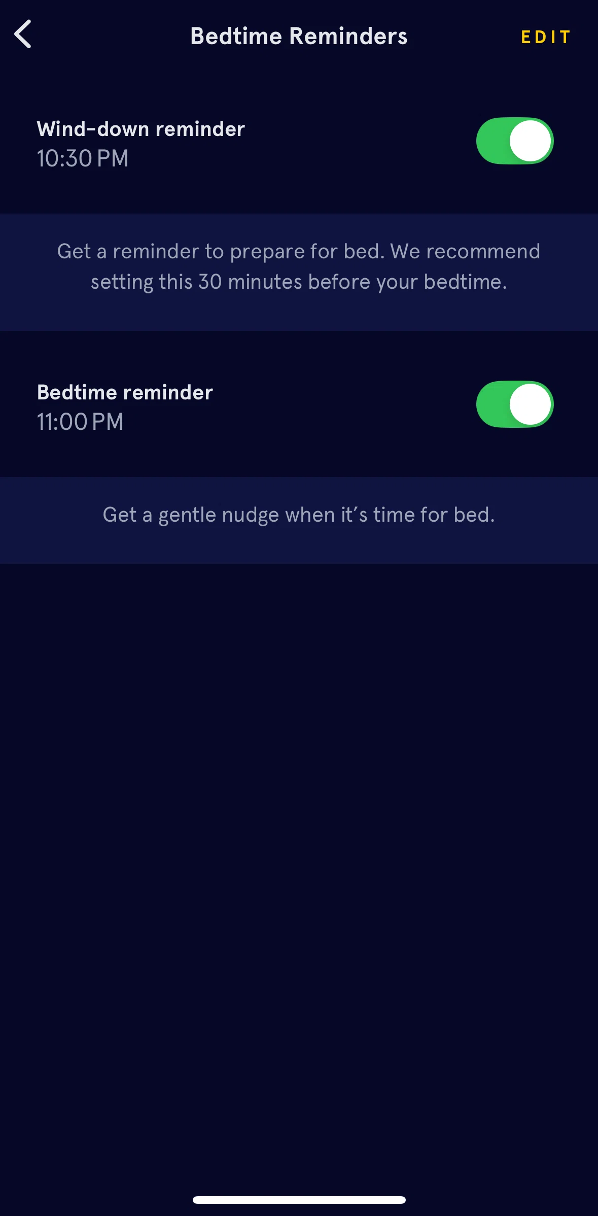 Headspace Screen screen in the Editing wind-down reminder flow