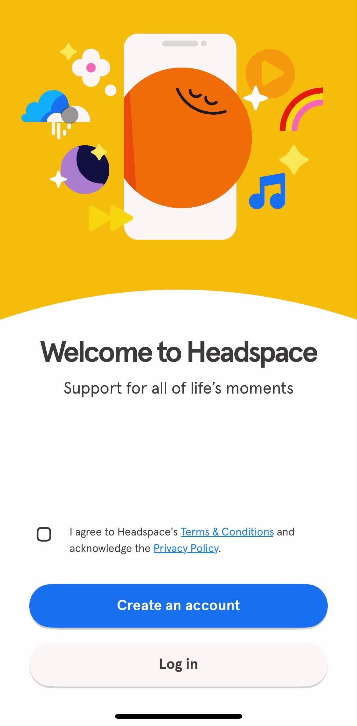 Headspace Log in screen in the Logging In flow