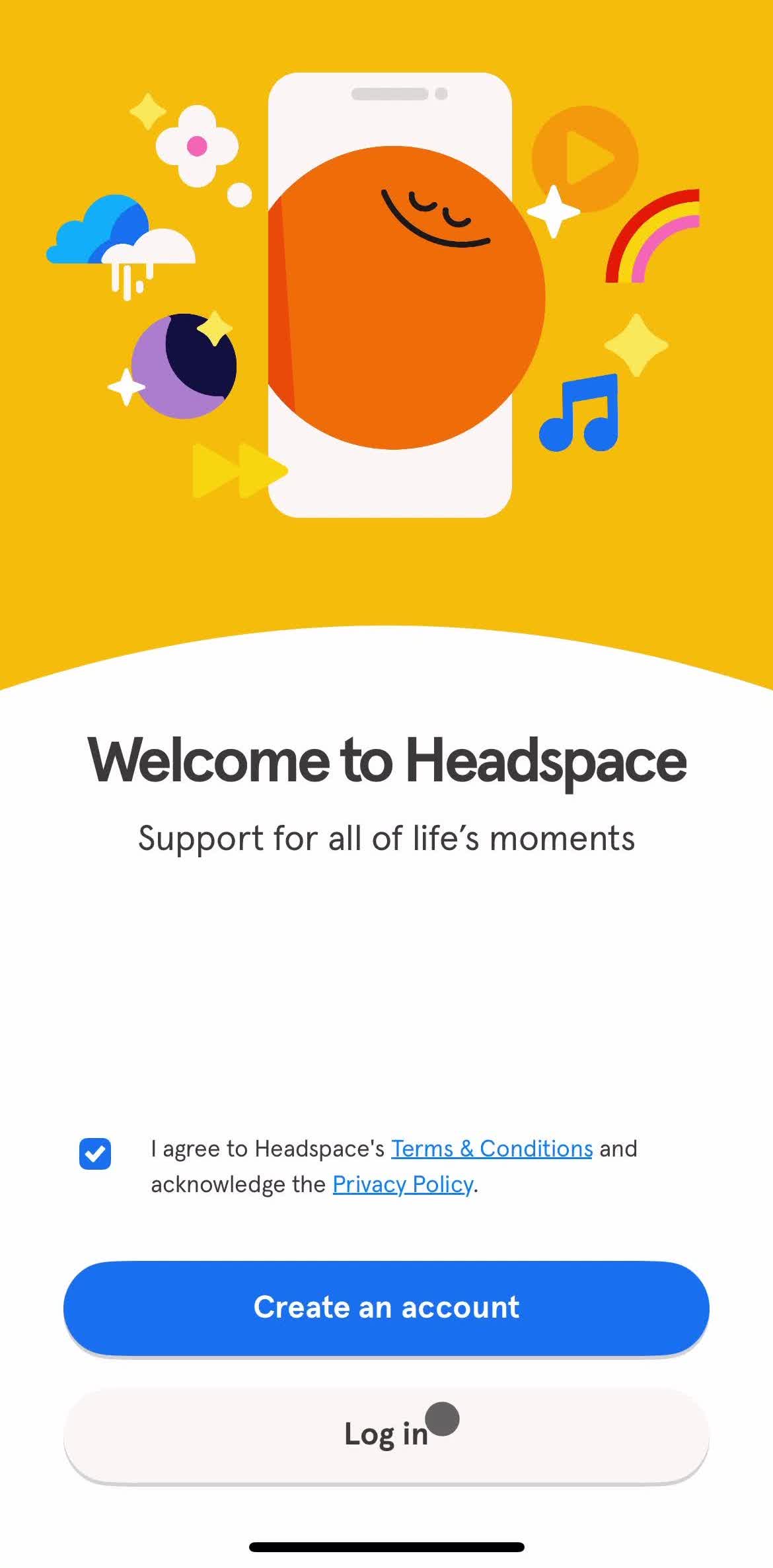 Headspace Log in screen in the Resetting Password flow