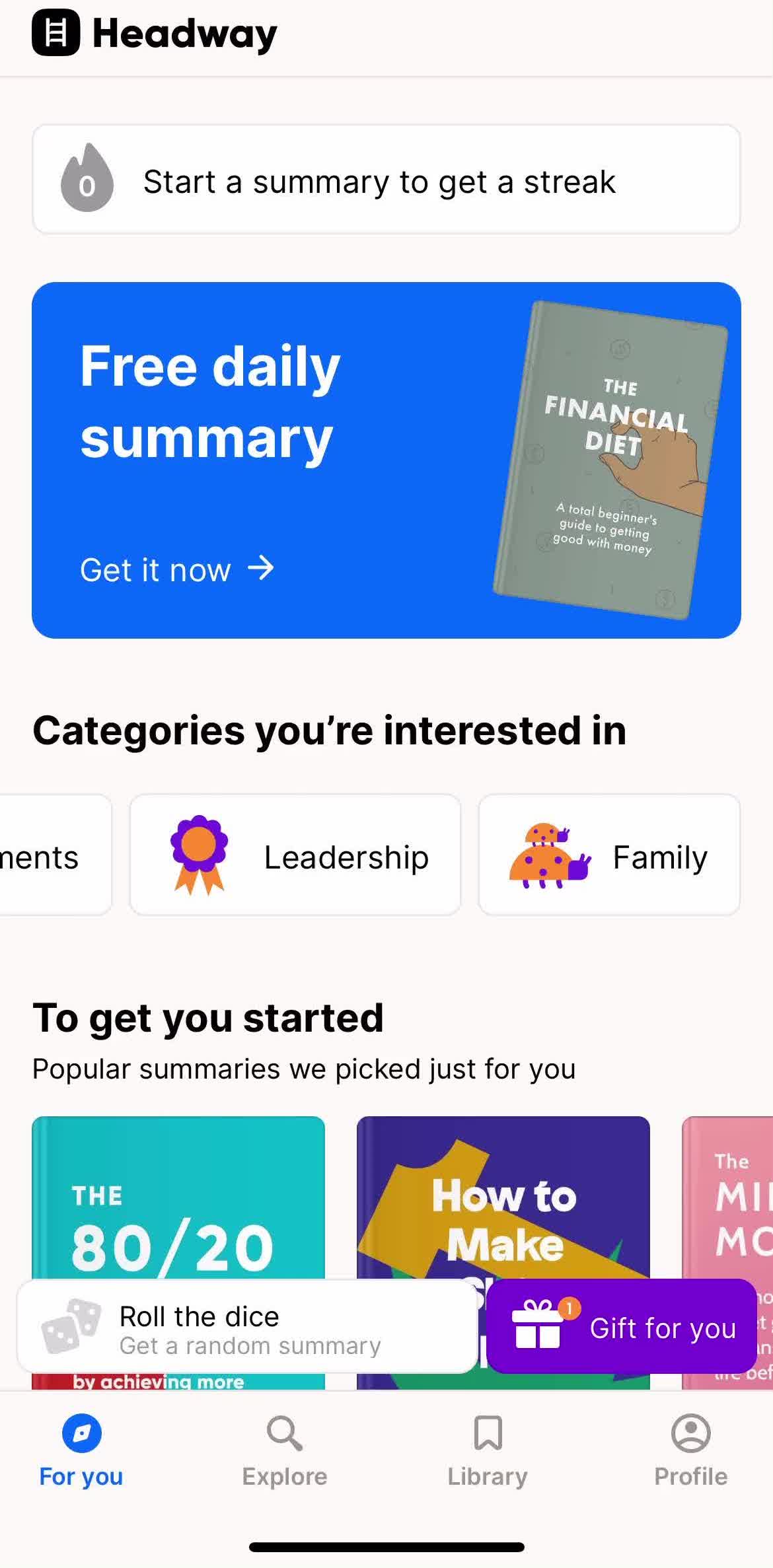 Headway For you screen in the Discovering Content flow
