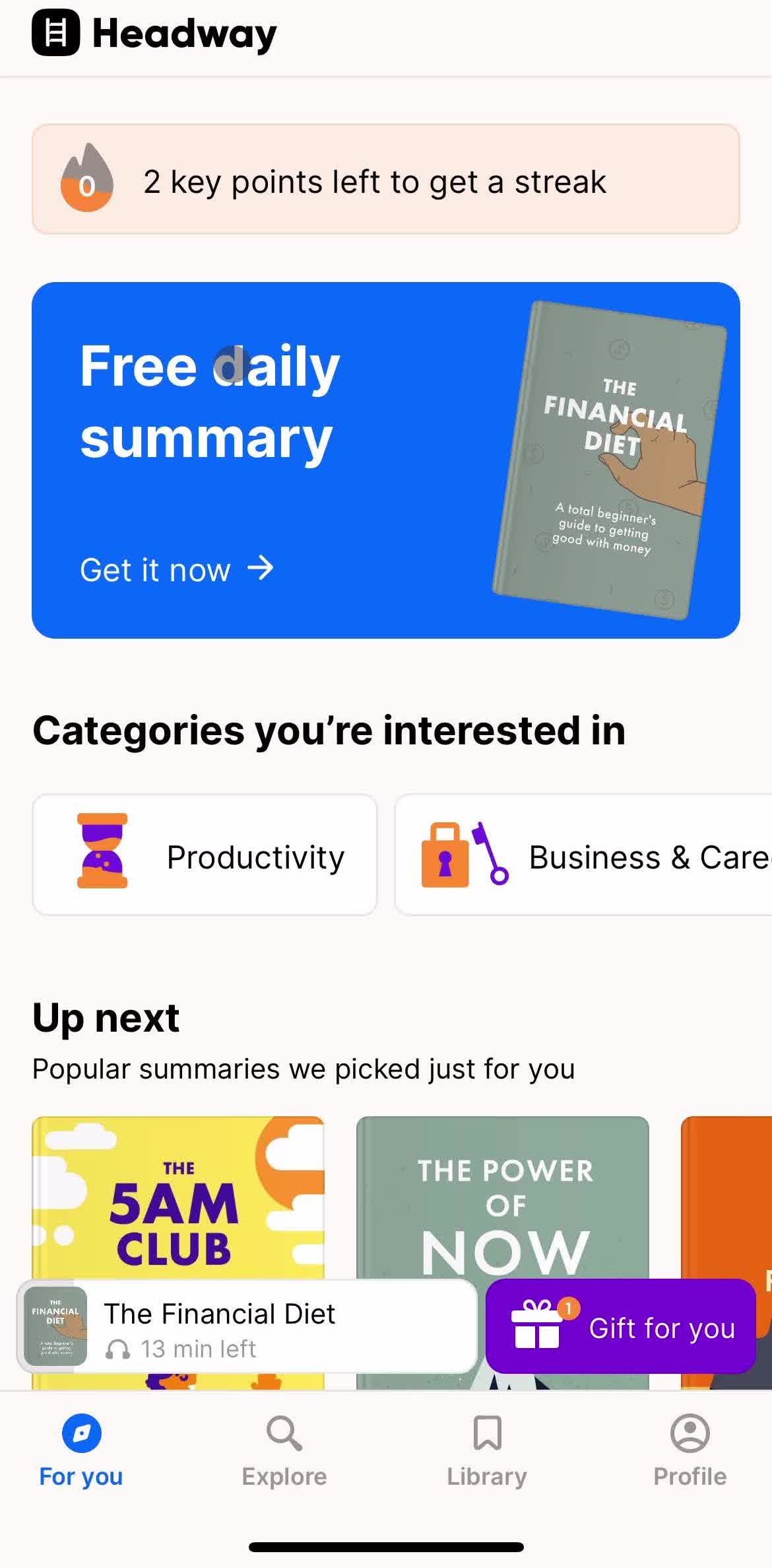 Headway For you screen in the General Browsing flow
