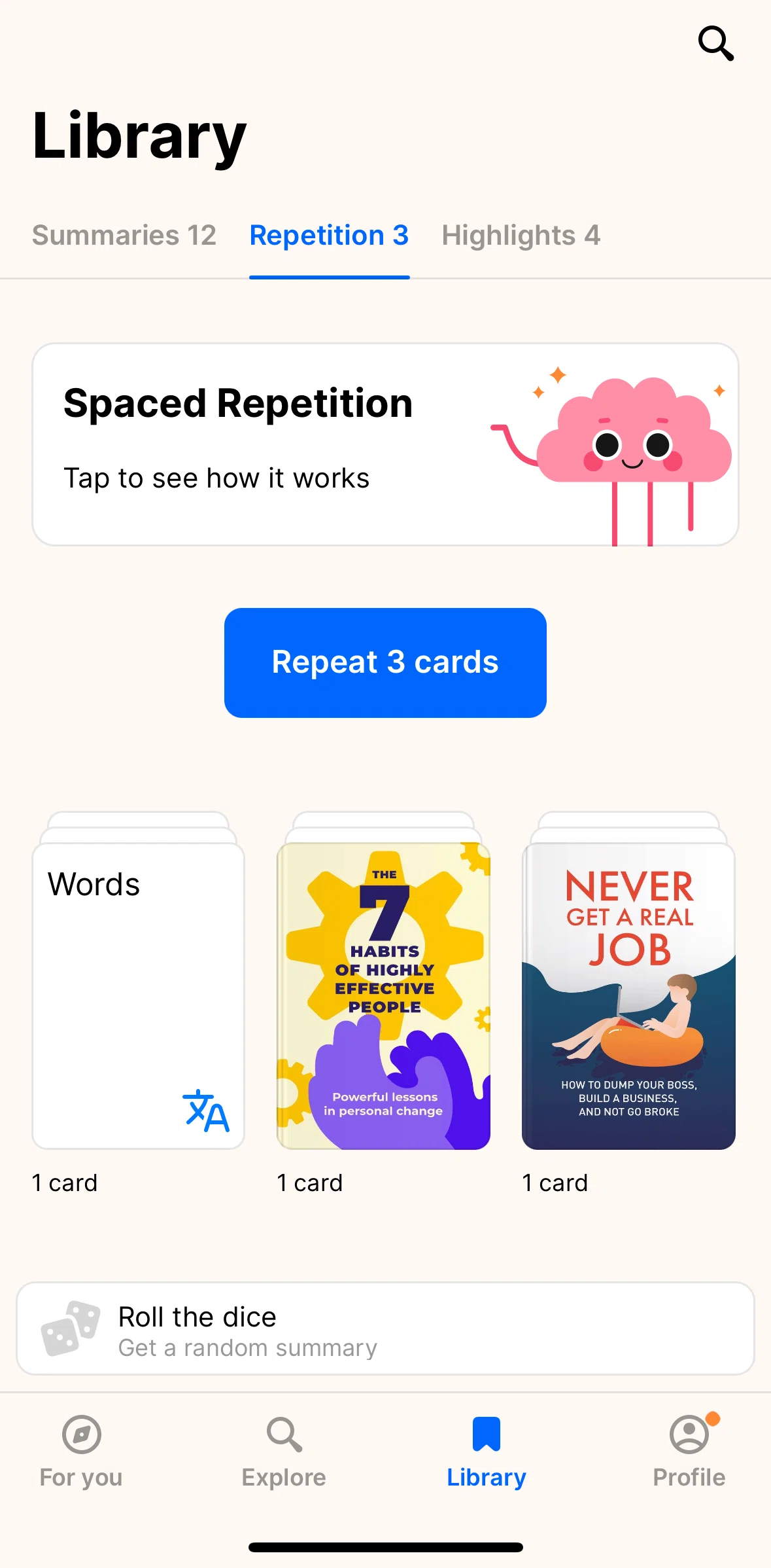Headway Screen 1 screen in the Learn about spaced repetition flow